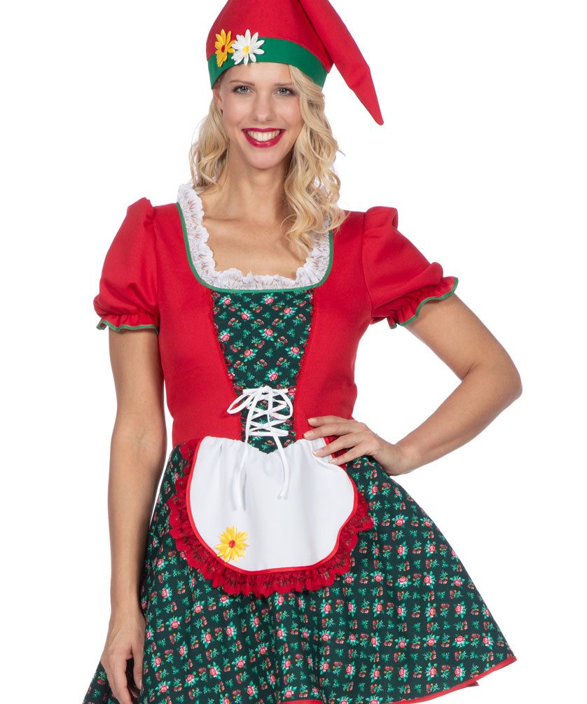 Karneval-Klamotten Kostüm Damen Zwergenkostüm Gartenzwerg kurz rot Luxus, Zwerg Zwergin Frauenkostüm Wichtel Märchenkostüm sieben Zwerge Kobold