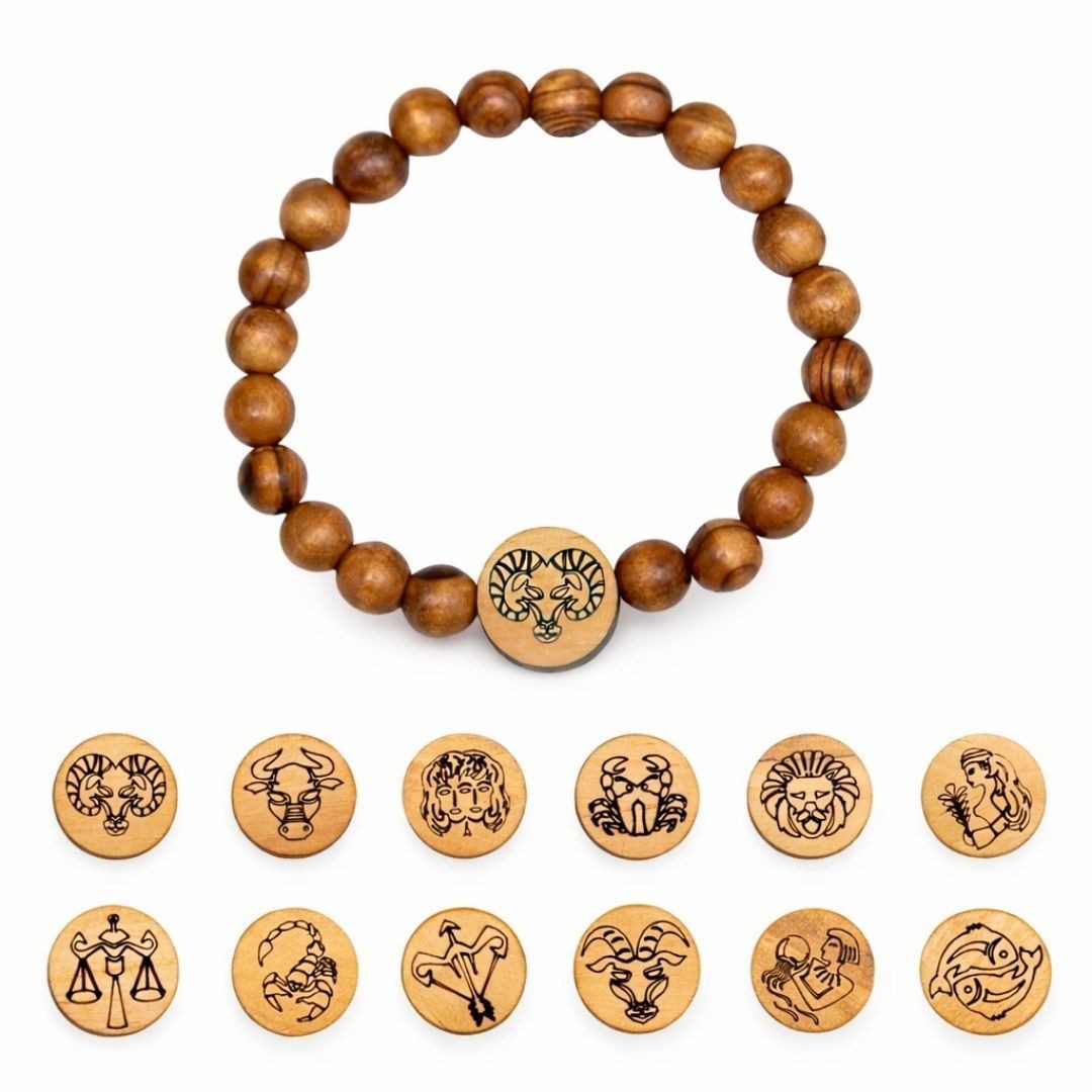 Kassis Geschenkartikel Armband mit Sternzeichen aus Olivenholzperlen Schmuckstück mit Horoskop, handgefertigt in Bethlehem, Geschenk zu mehreren Anlässen