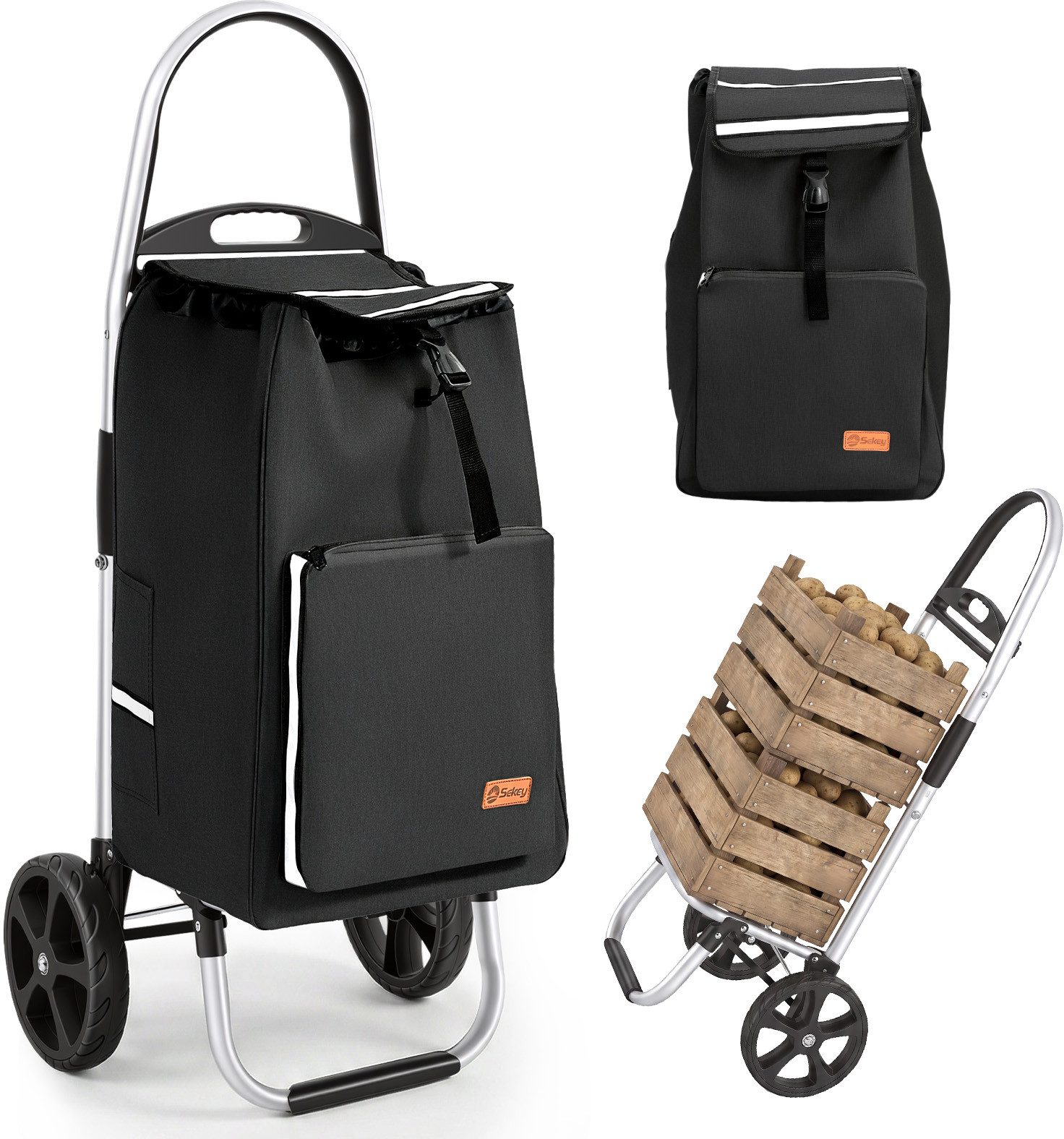Sekey Einkaufstrolley 2 in 1 Klappbar Einkaufswagen mit Kühlfach - 50 Liter Einkaufsbeutel, Faltbar Einkaufsroller mit großen Rädern und Sackkarren-Funktion