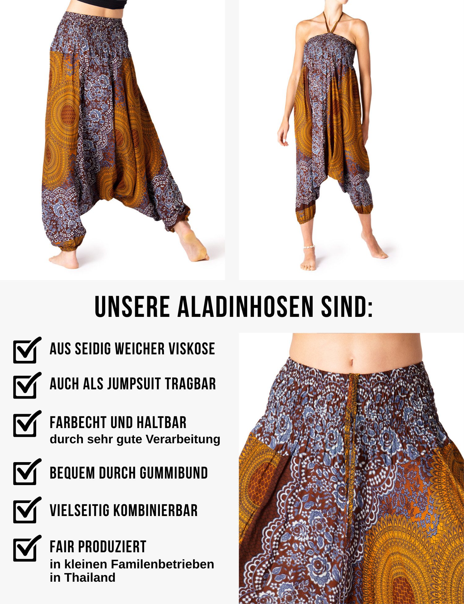 PANASIAM Haremshose Aladinhose im schönen Peacock Design Haremshose aus 100% natürlicher Viskose auch als Overall tragbar Damen Pumphose bequeme Freizeithose