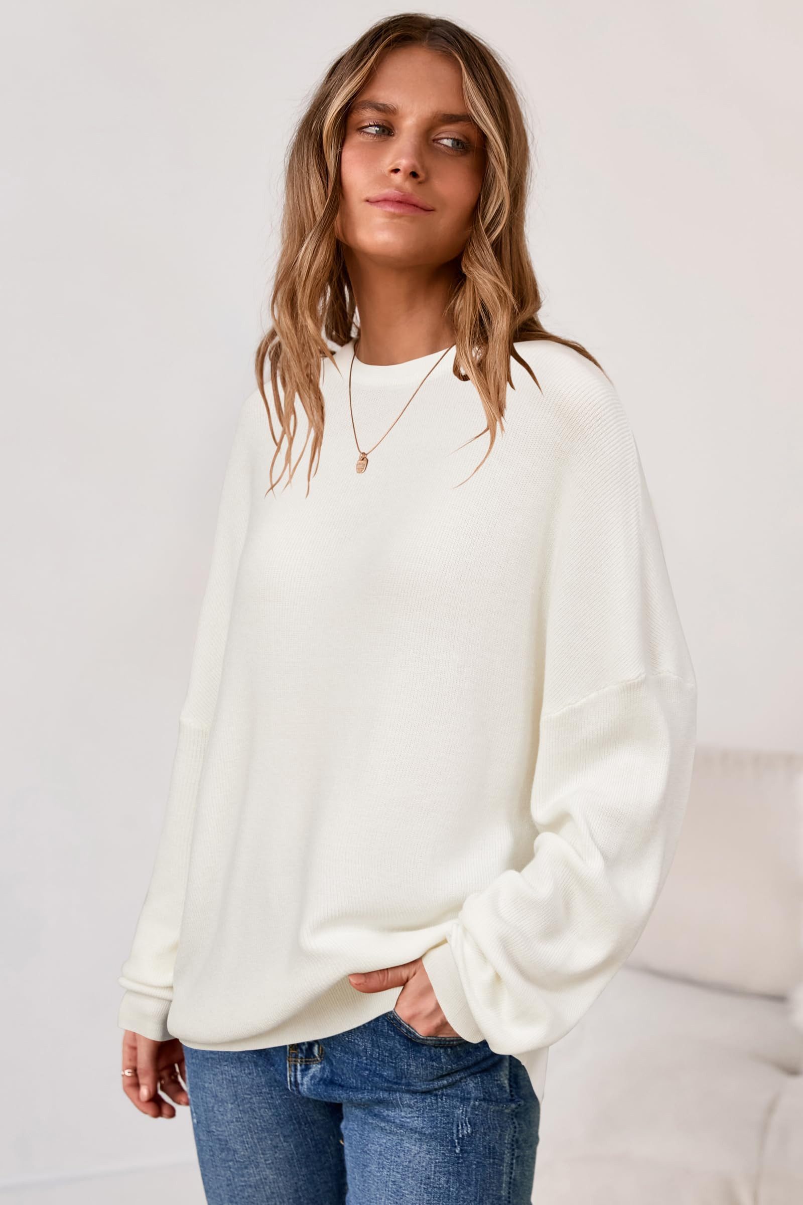 Arach&Cloz Strickpullover Damen Pullover Langarm Wolle Blend Rundhalsausschnitt Strickpullover Oversized Oberteile Strick Tops