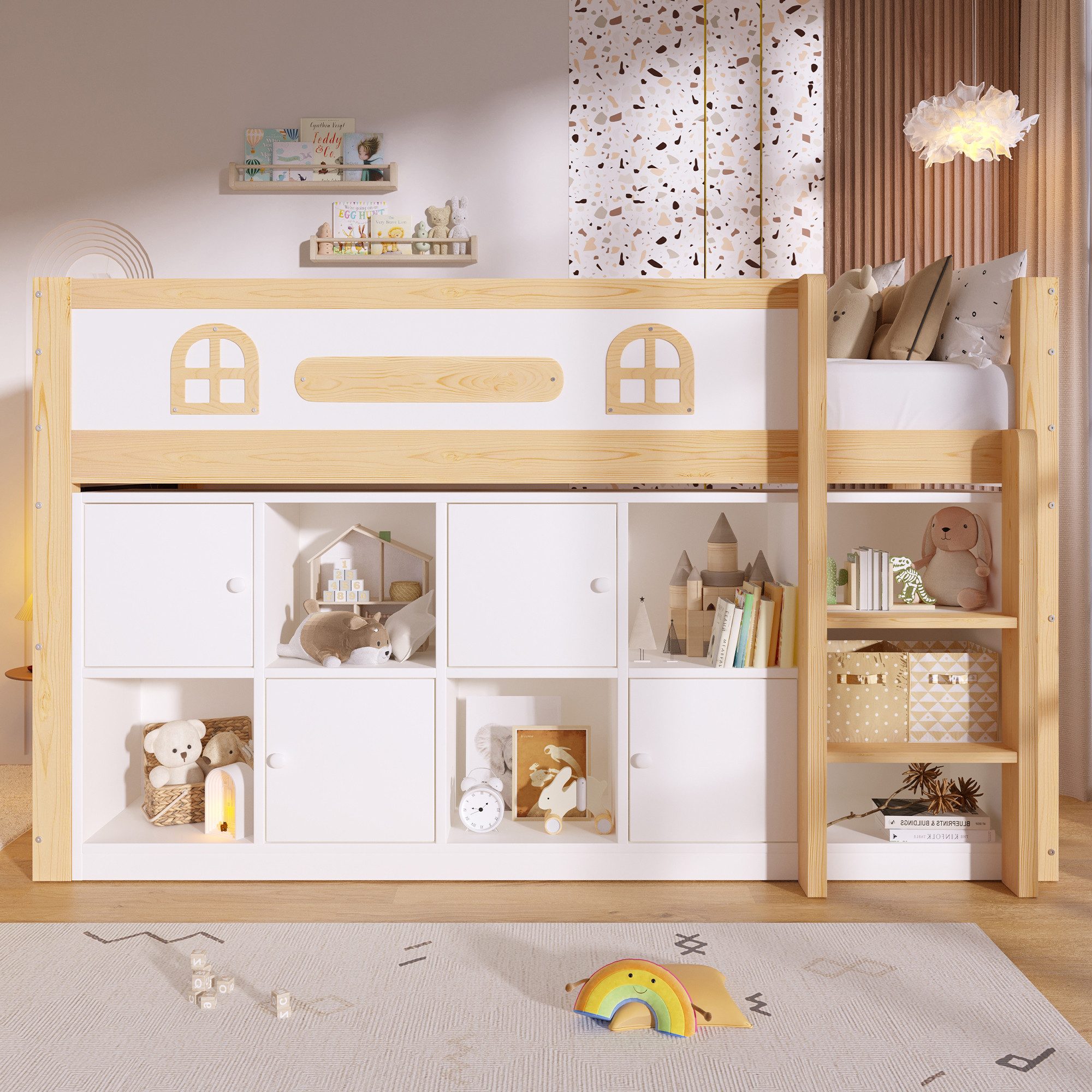 Merax Hochbett 90x200 cm, Kiefernholz Spielbett Jugendbett (1-St) Halbhohes Kinderbett mit Kreidetafel, Stauraumfächern,Geländer, Leiter