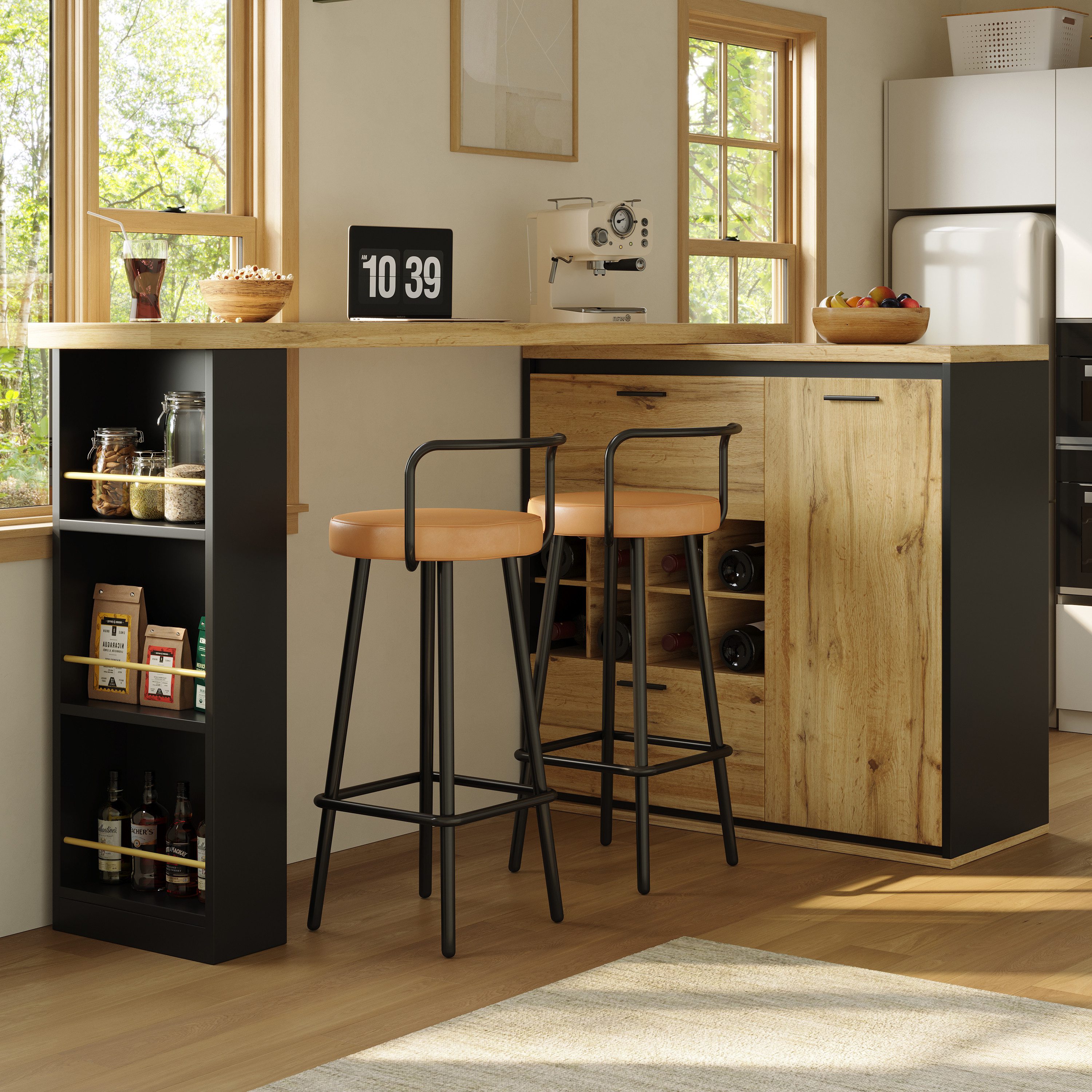 Flieks Bartisch 360° drehbar Esstisch & Mehrzweckschrank mit Weinregal (Set, 2-St., mit verstellbarer Einlegeböden), schwenkbar Tisch mit Ablagen Küchenschrank mit Schubladen Holzoptik