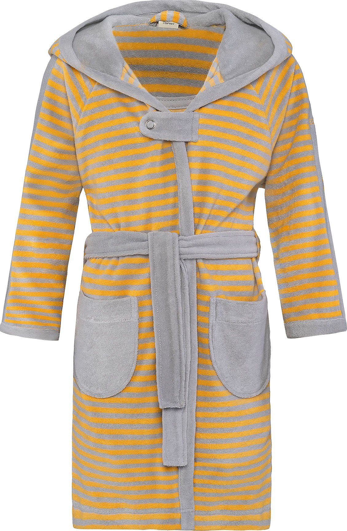 Esprit Kinderbademantel Little Stripped Rundstrickware, Gürtel, mit Zipfelmütze Hoody, Kurzform, stone Kapuze