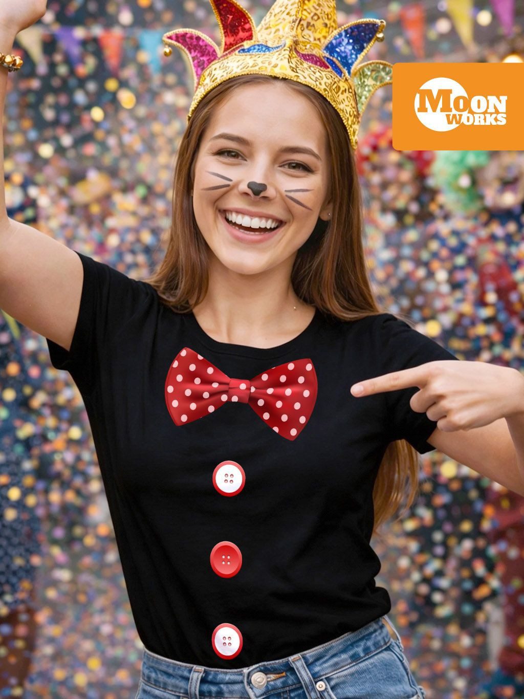 MoonWorks Print-Shirt Damen T-Shirt Fliege Knöpfe Schleife Clown Fasching Fastnacht mit Print