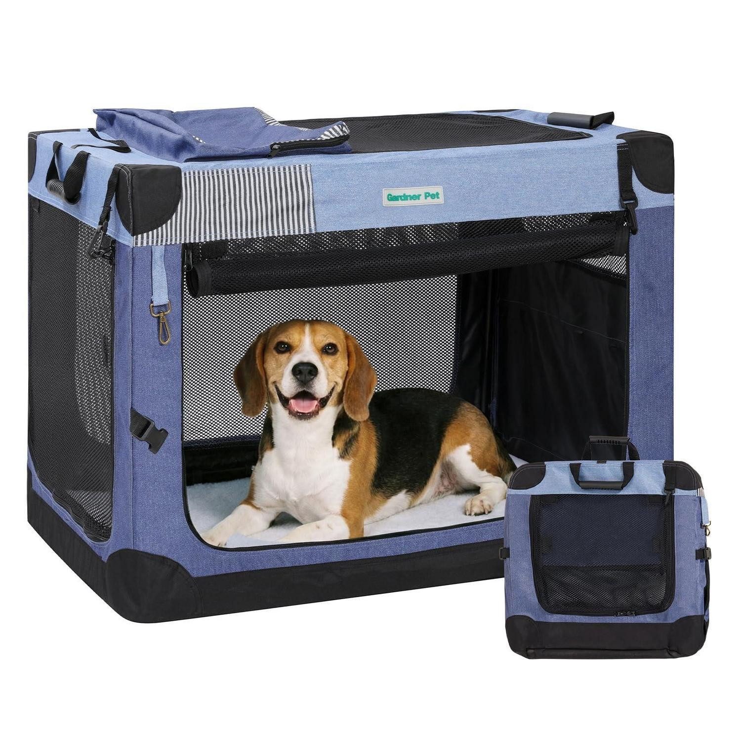 LuxusKollektion Hunde-Transportbox Hundebox faltbar Tragegriff Decke 23kg L 76 x B 53 x H 53 cm Blau