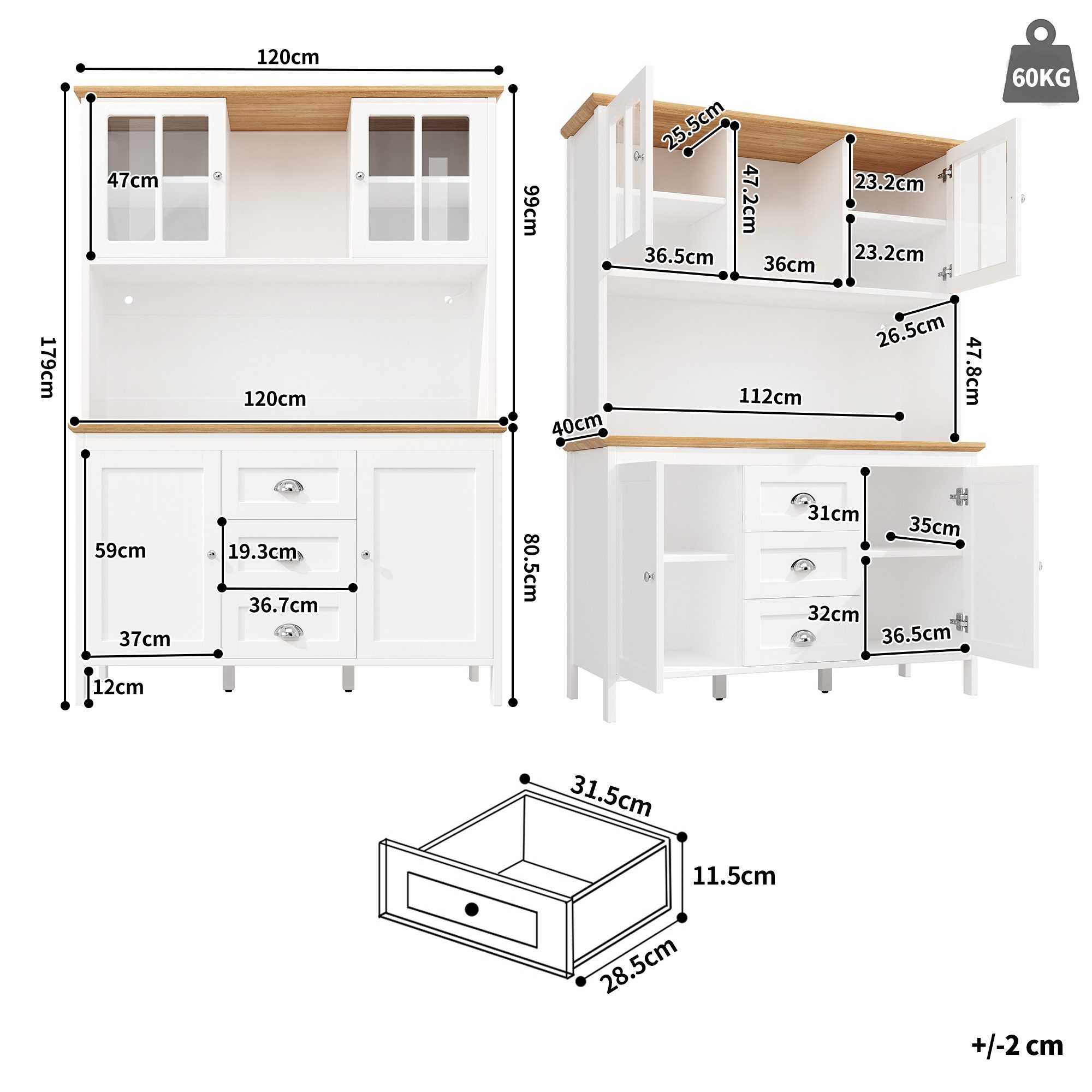 Celya Küchenbuffet Hoher Anrichteschrank mit LED-Beleuchtung (120x40x179 cm, 4 Türen und 3 Schubladen, App-Steuerung LED, integriertes Kabelmanagement, Anti-Kipp-Sicherung)