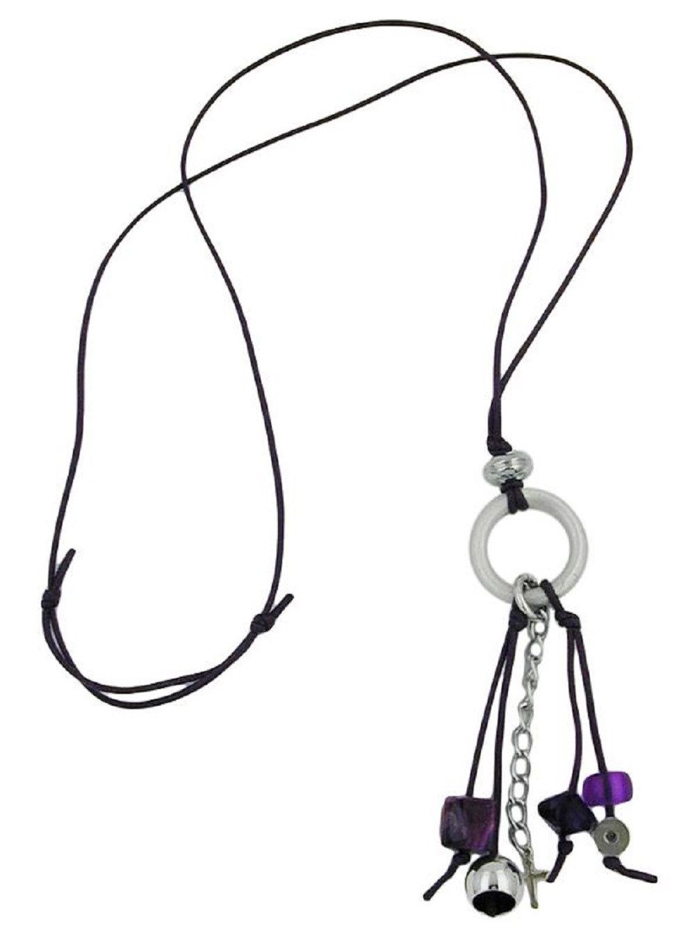 unbespielt Collier Kette mit Ring Aluminium hellgrau Perlen lila silberfarben 80 cm, Modeschmuck für Damen