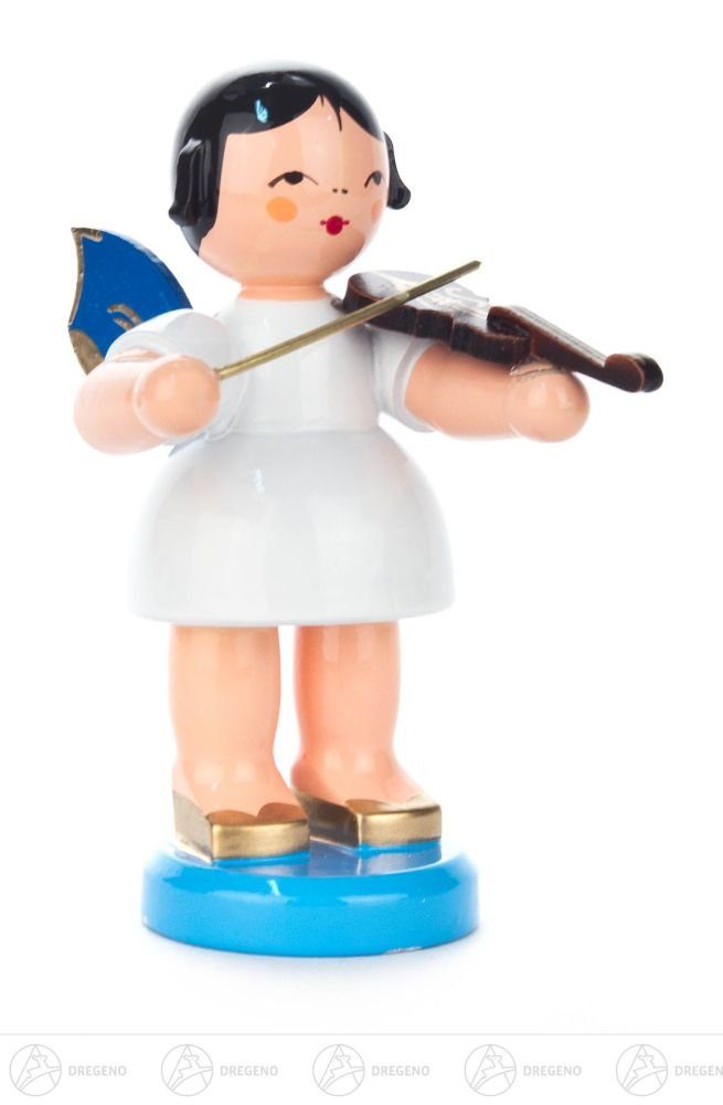 Dregeno Erzgebirge Engelfigur Engel mit Violine stehend groß, blaue Flügel Höhe ca 9 cm NEU