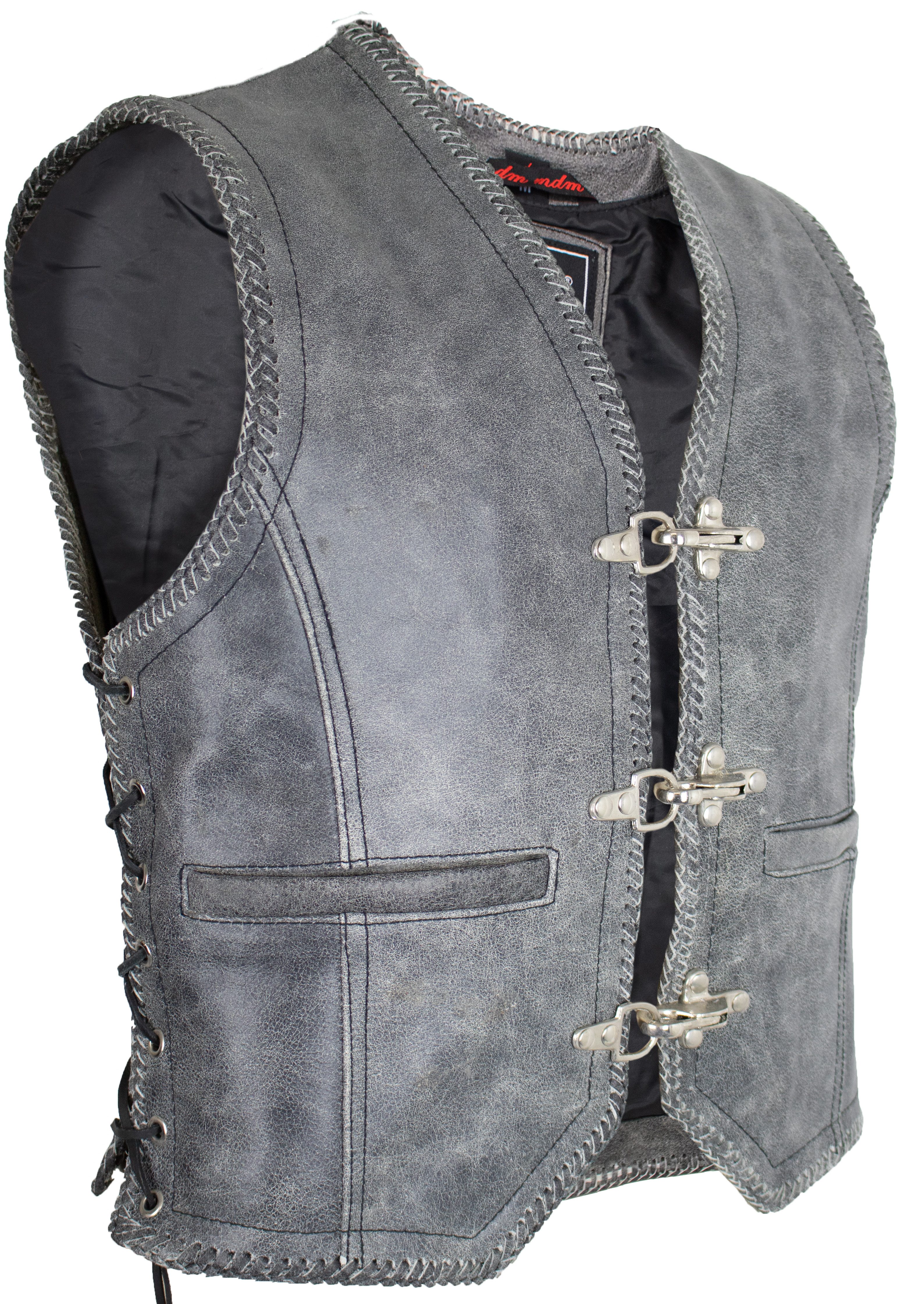 MDM Motorradweste Herren Biker Leder Kutte Grau Motorradweste Echtleder Rocker Vintage Look, Biker Lederkutte aus Rindsleder