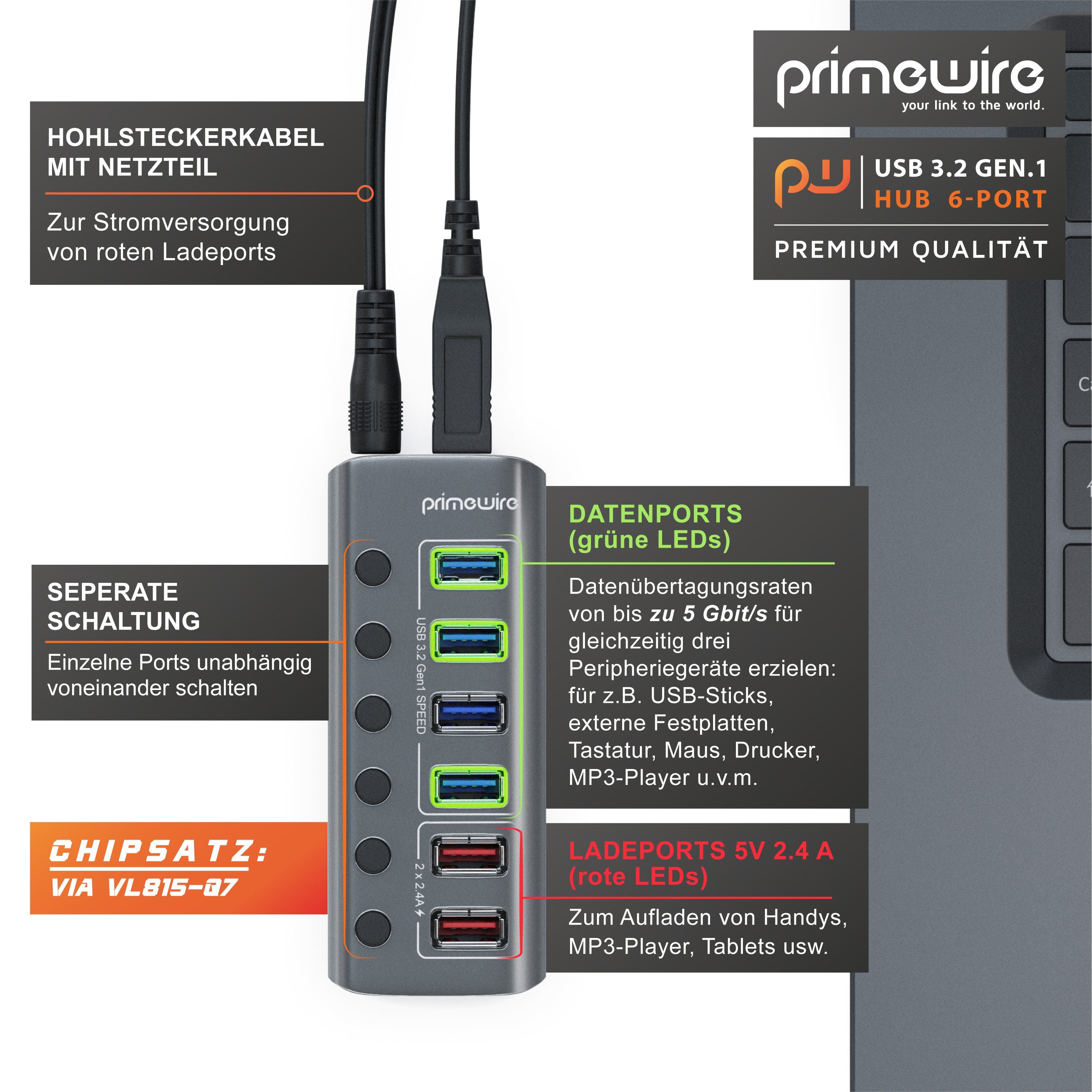 Primewire USB 3.2 Hub 6-Port aktiv mit Netzteil USB-Adapter USB-A zu USB-A, 120 cm, USB 3.2 Gen1 Hub, 6 Port Verteiler aktiv mit Netzteil, 5 Gbit/s – Bild 4 von 5