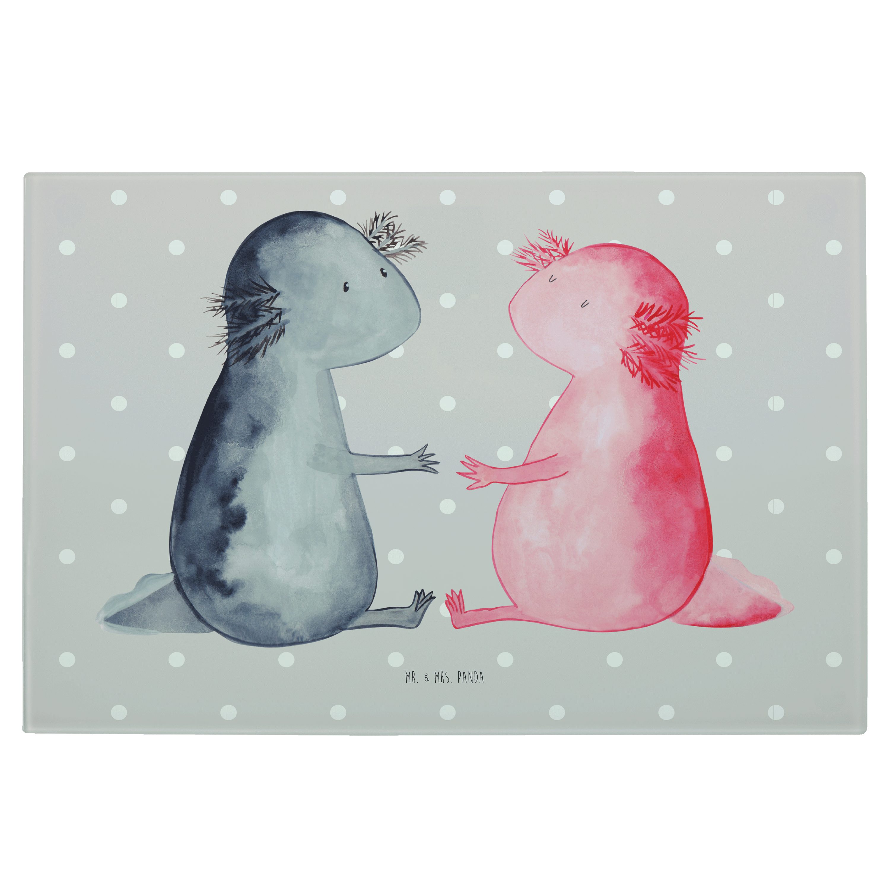 Mr. & Mrs. Panda Servierbrett Axolotl Liebe - Grau Pastell - Geschenk, Schneidebrett, Schwanzlurch, Premium Glas, (1-St)