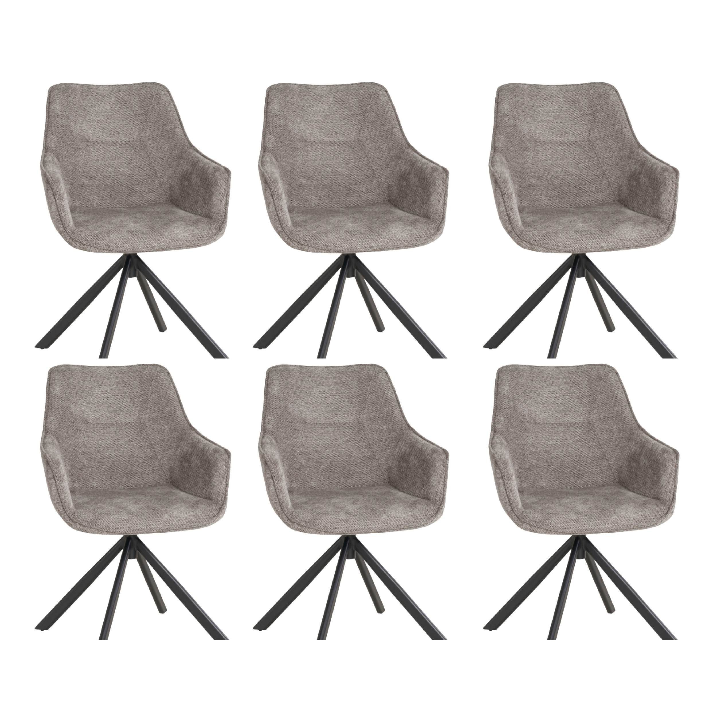 MR.DEKO Esszimmerstuhl Diningsessel 6er Set San Carlo Light Grey – gepolstert & drehbar (Armlehnenstuhl, 6 St), 360° Drehfunktion, robustes Metallgestell & strukturierter Stoff