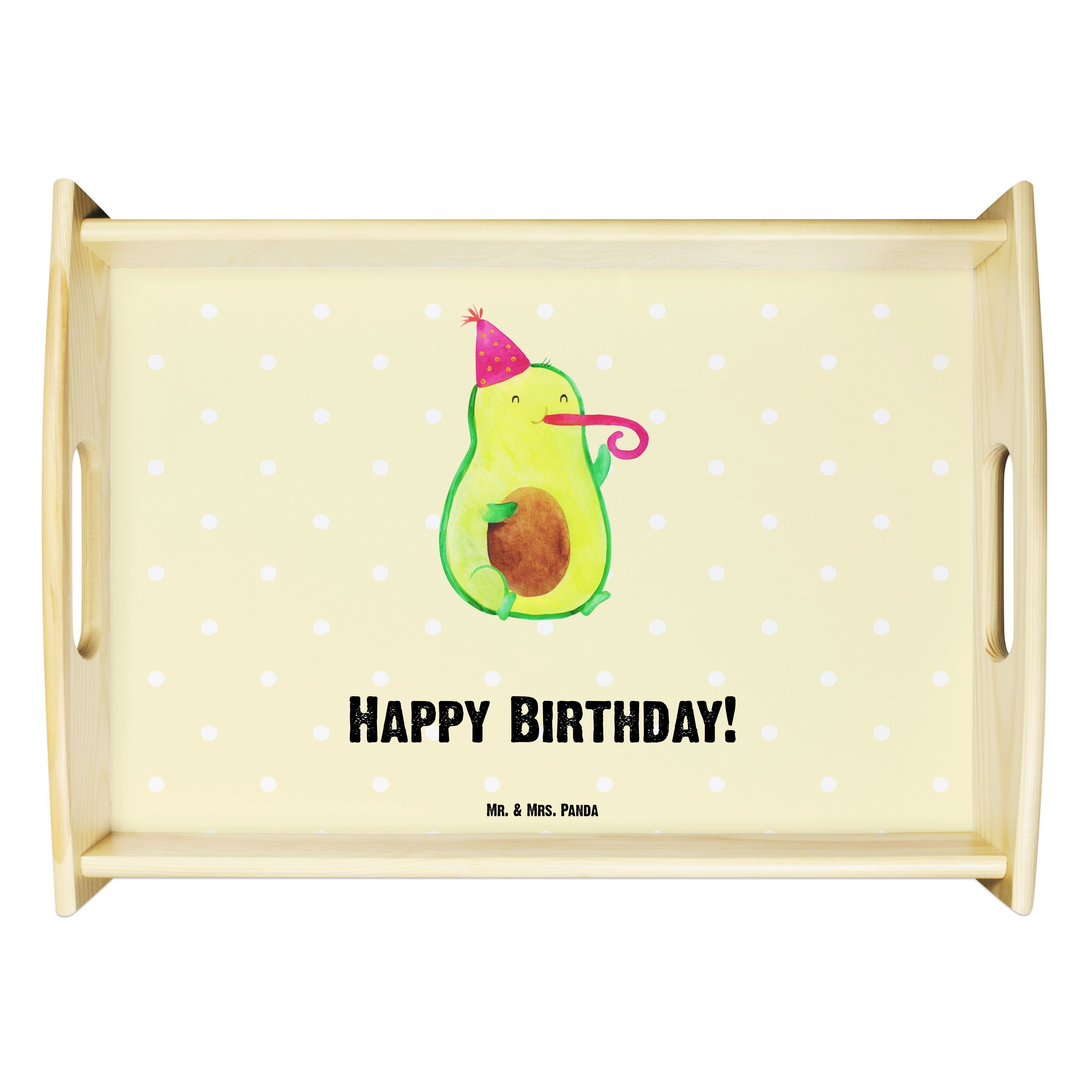 Mr. & Mrs. Panda Tablett Avocado Birthday - Gelb Pastell - Geschenk, Tablett, Gesund, Vegan, F, Echtholz lasiert, (1-tlg)