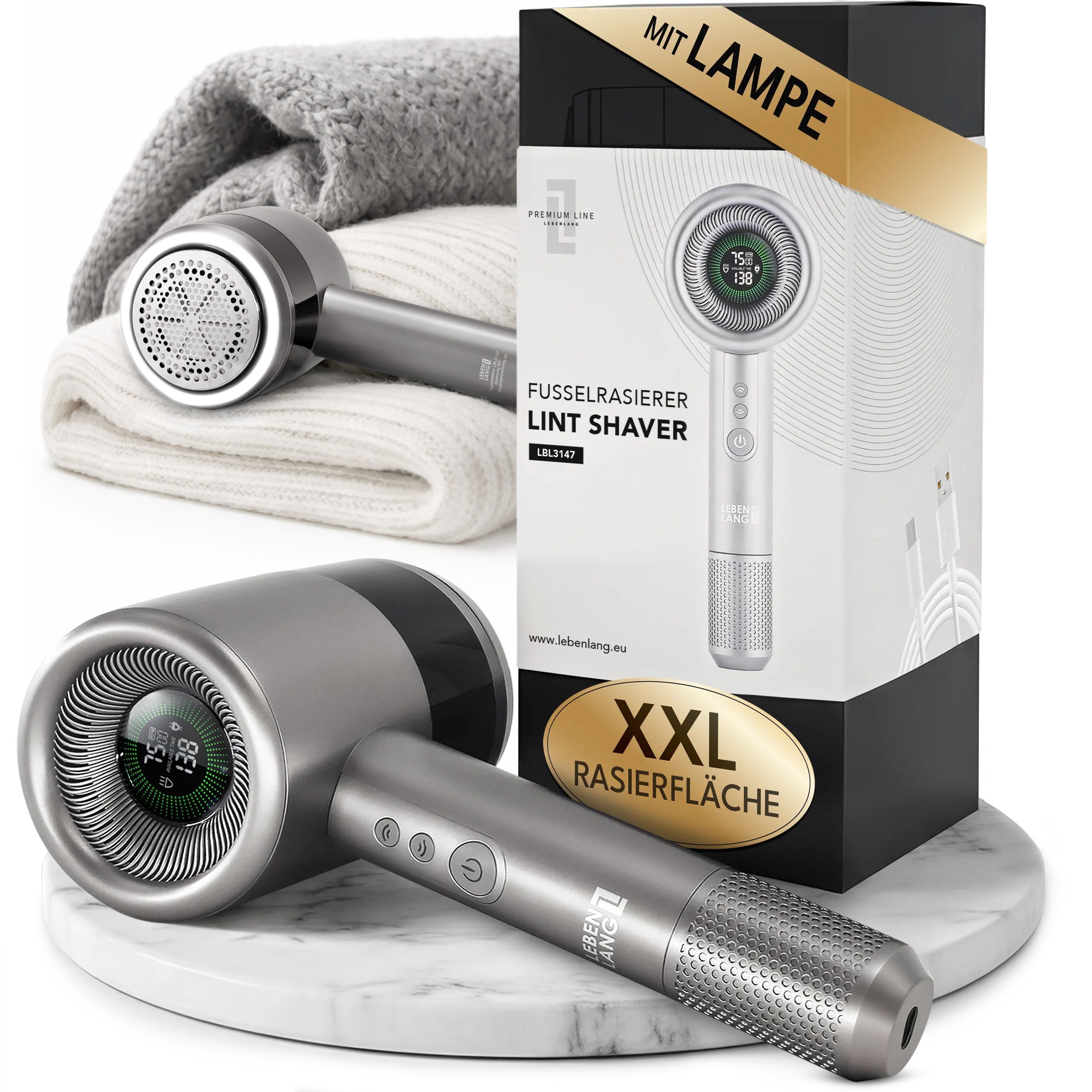 Lebenlang Fusselrasierer Premium elektrischer Fusselentferner mit 4000mAh, Großes Display, Präzisionsklingen, 5 Modi, LED Frontlicht