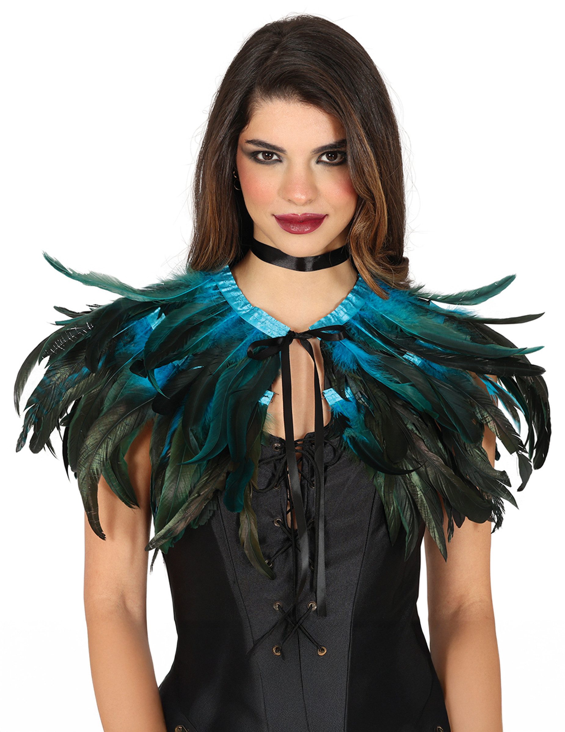 Fiestas Guirca Partyanzug Mini Umhang mit schwarzen und blauen Federn für Erwachsene