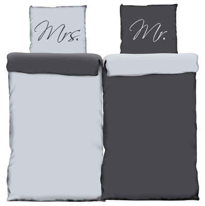 Partnerbettwäsche Mr. and Mrs., One Home, Mikrofaser, 4 teilig, Schriftzug und Wendefunktion