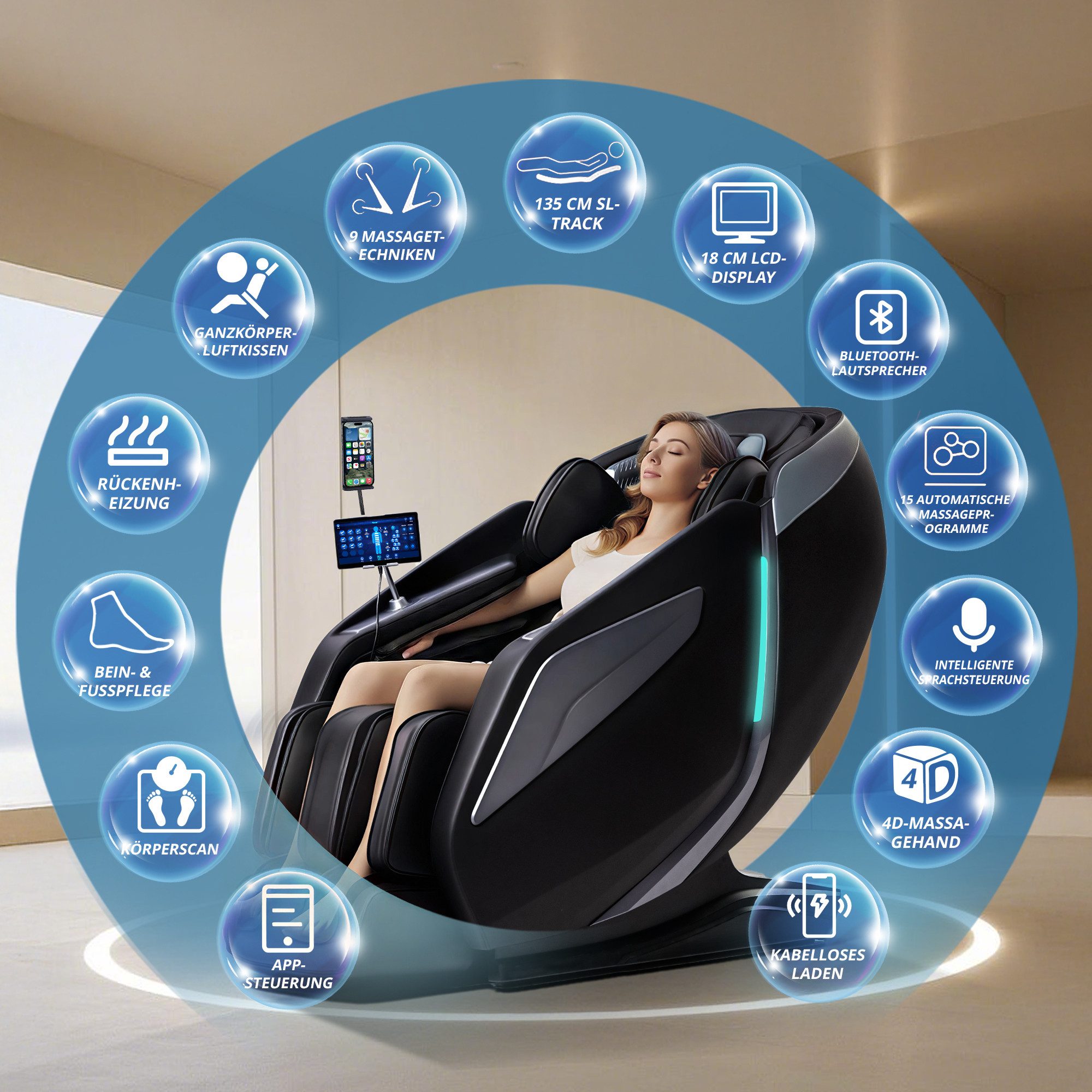 HealthRelife Massagesessel Luxuriöser Entspannungsstuhl, 15 Massage-Modi, Yoga-Stretching (1-St), 55 Zoll SL-Track
