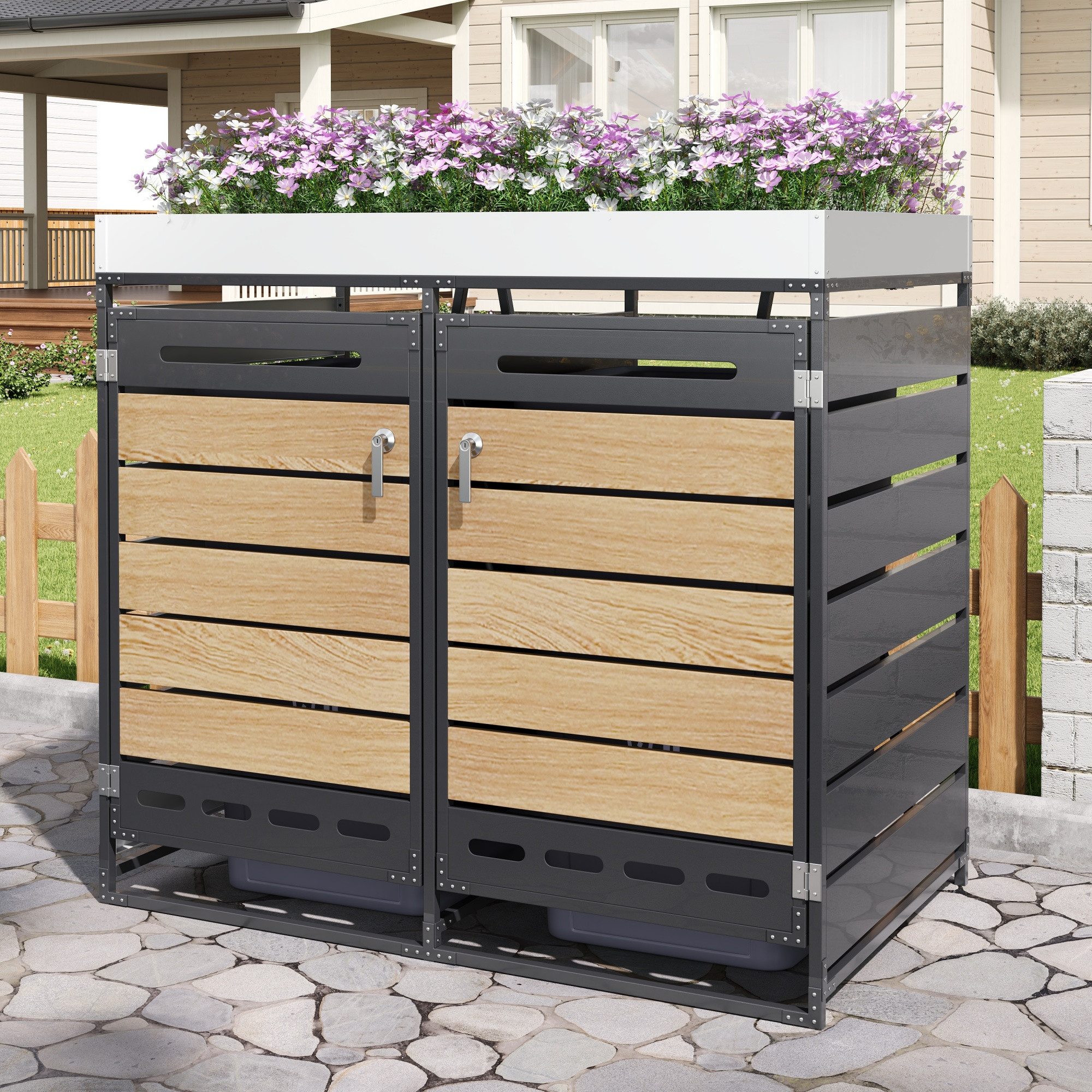 CHICFURN Mülltonnenbox mit Pflanzkasten, horizontale Holzoptik-Leisten (Set, 2 St., Langloch-Belüftung, eiserner Schrank mit Schloss), Robuste Garten-Aufbewahrung für Pflanzen & Tonnen, ohne Mülltonne