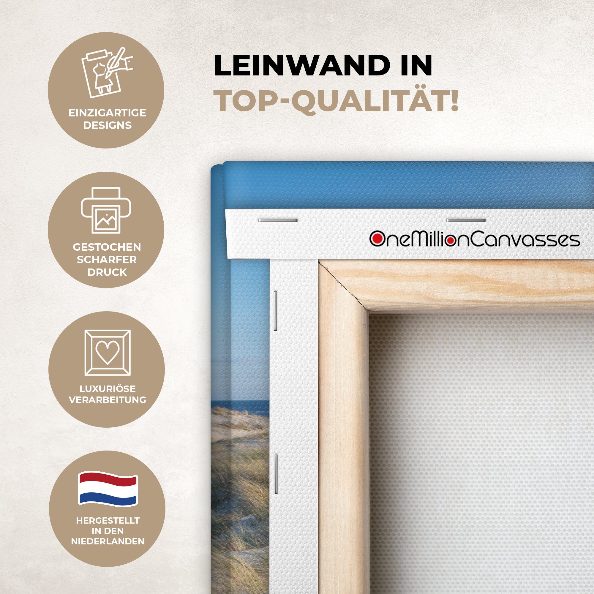 OneMillionCanvasses® Leinwandbild Düne - Möwe - Strand - Meer - Sonne, Fotodruck (1 St), Leinwand Bilder Klein, Wand Dekoration Aesthetic 30x20 cm