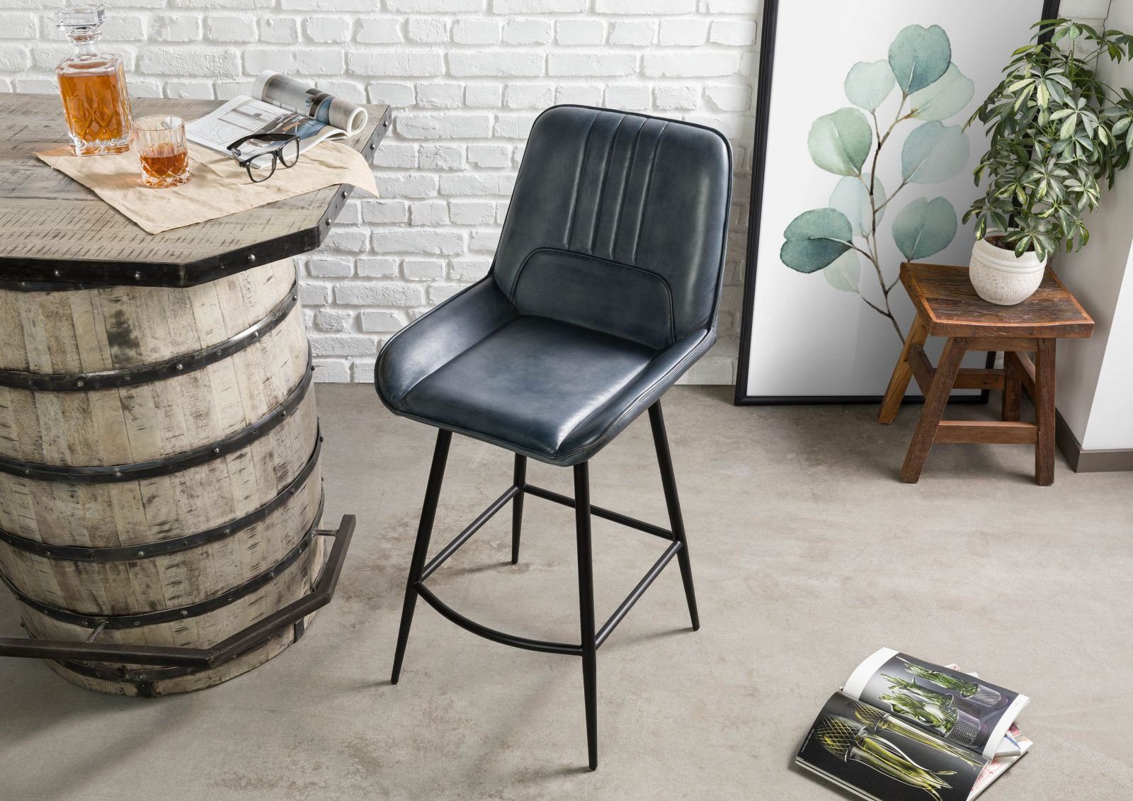 Massivmoebel24 Bistrostuhl IRON LABEL (blau Echtleder Eisen), 52 x 108 x 57 cm IRON LABEL #516