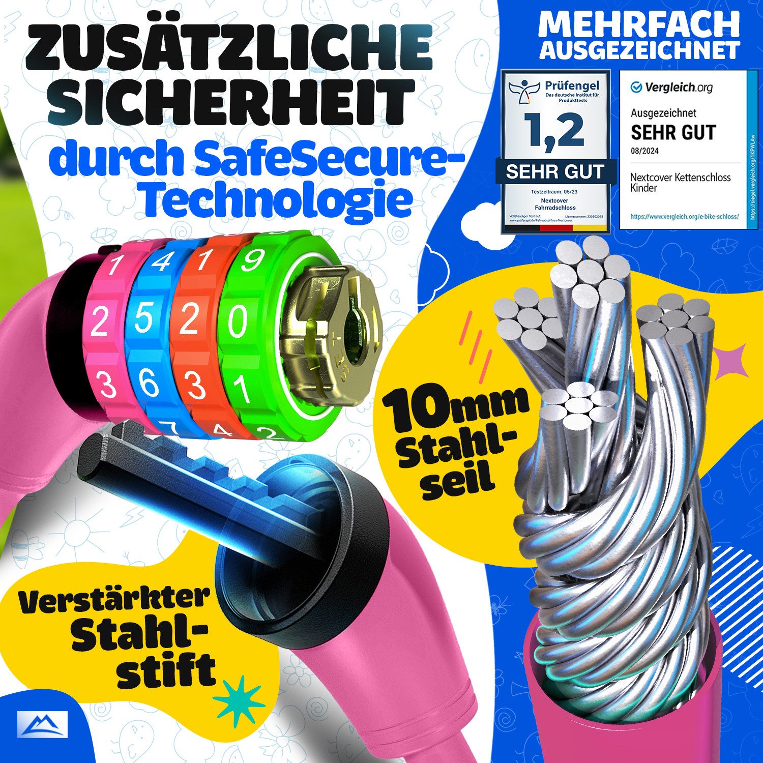 Nextcover Zahlenkabelschloss NEXTCOVER® Fahrradschloss Kinder mit 4-stelligem Zahlencode