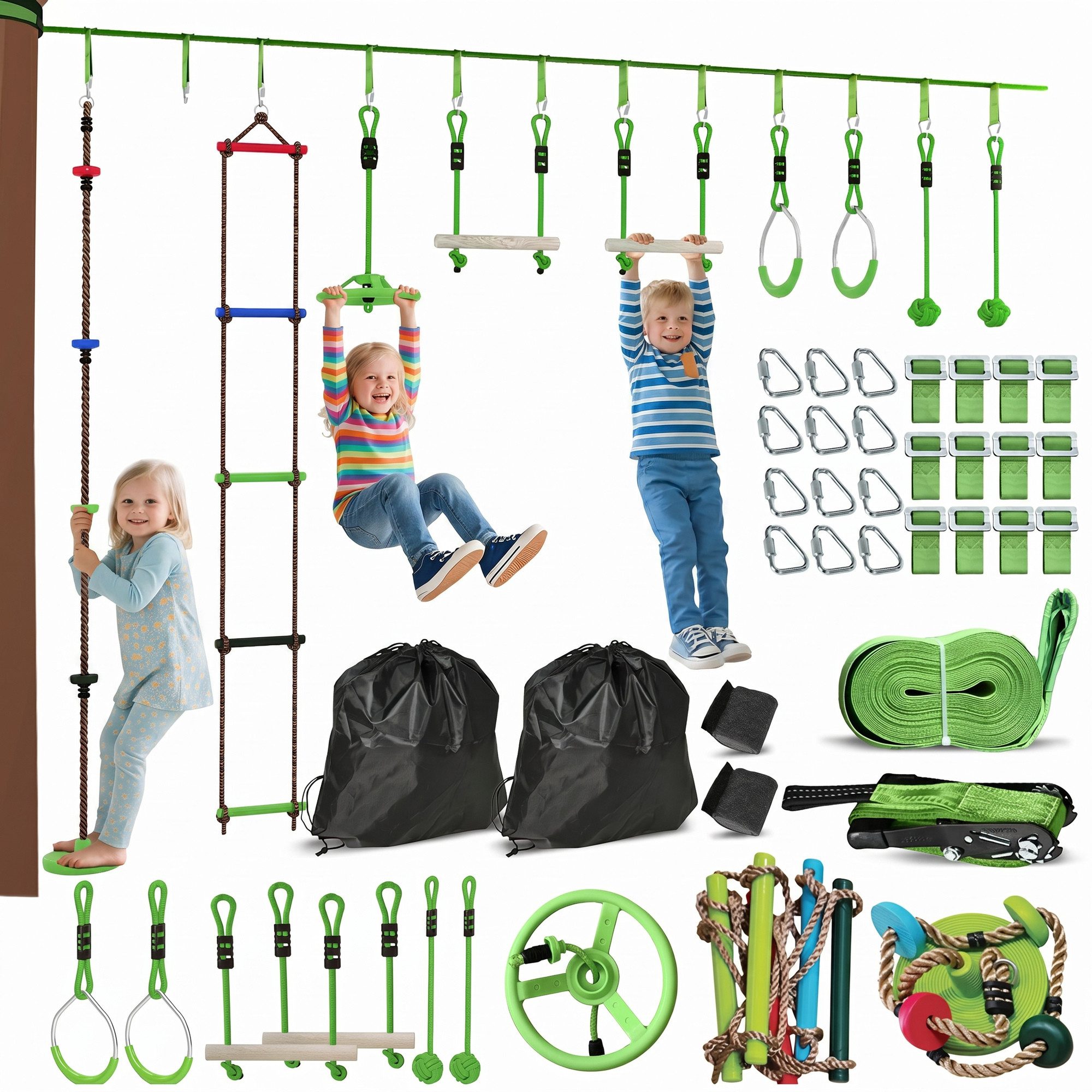 AIYAPLAY Slackline Ninja Hindernisparcours Set 10 m mit Turnringen & Spinnerrad, Trainingsausrüstungsset für Kinder