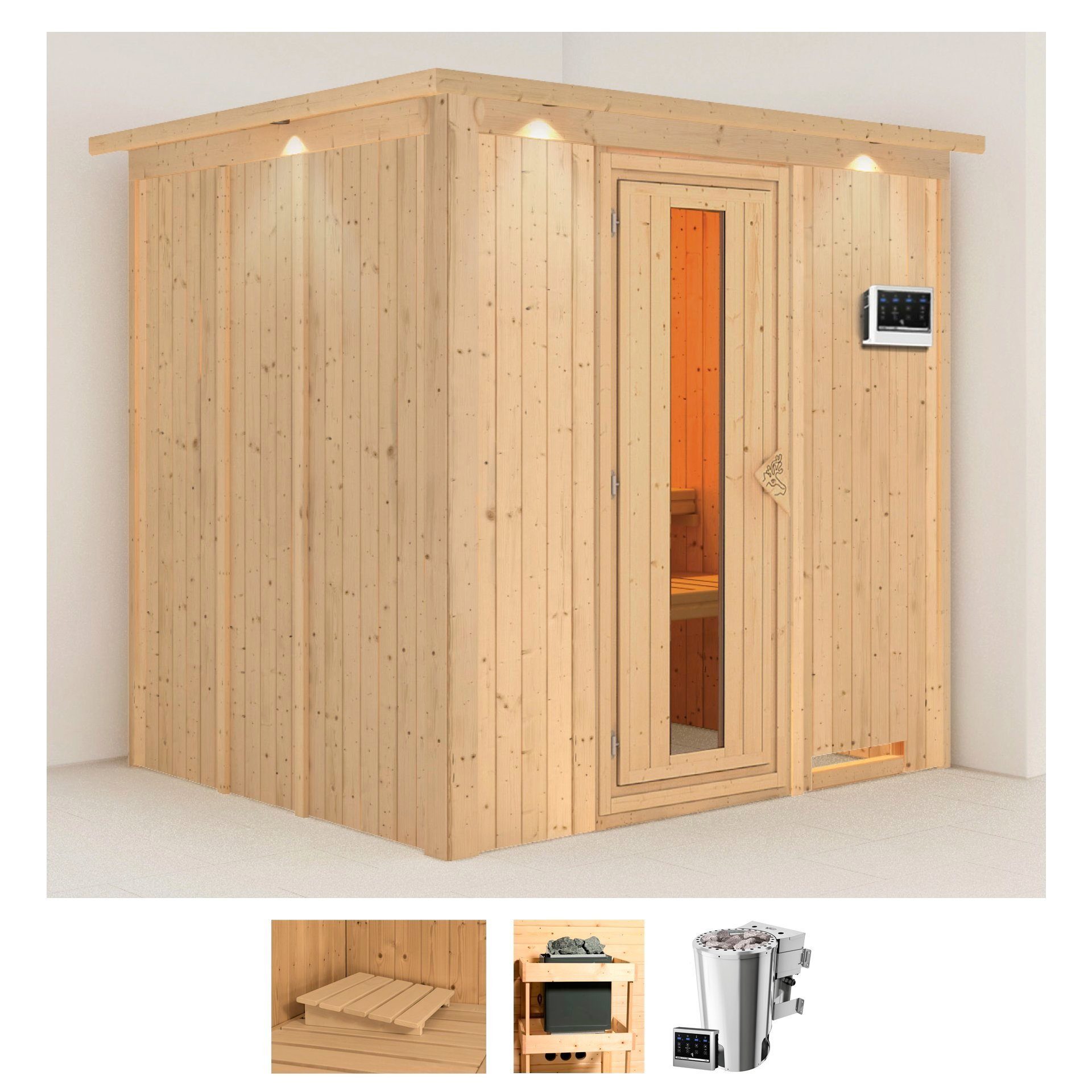 Karibu Sauna Dima, BxTxH: 210 x 184 x 202 cm, 68 mm, (Set) 3,6-kW-Bio-Plug & Play Ofen mit externer Steuerung