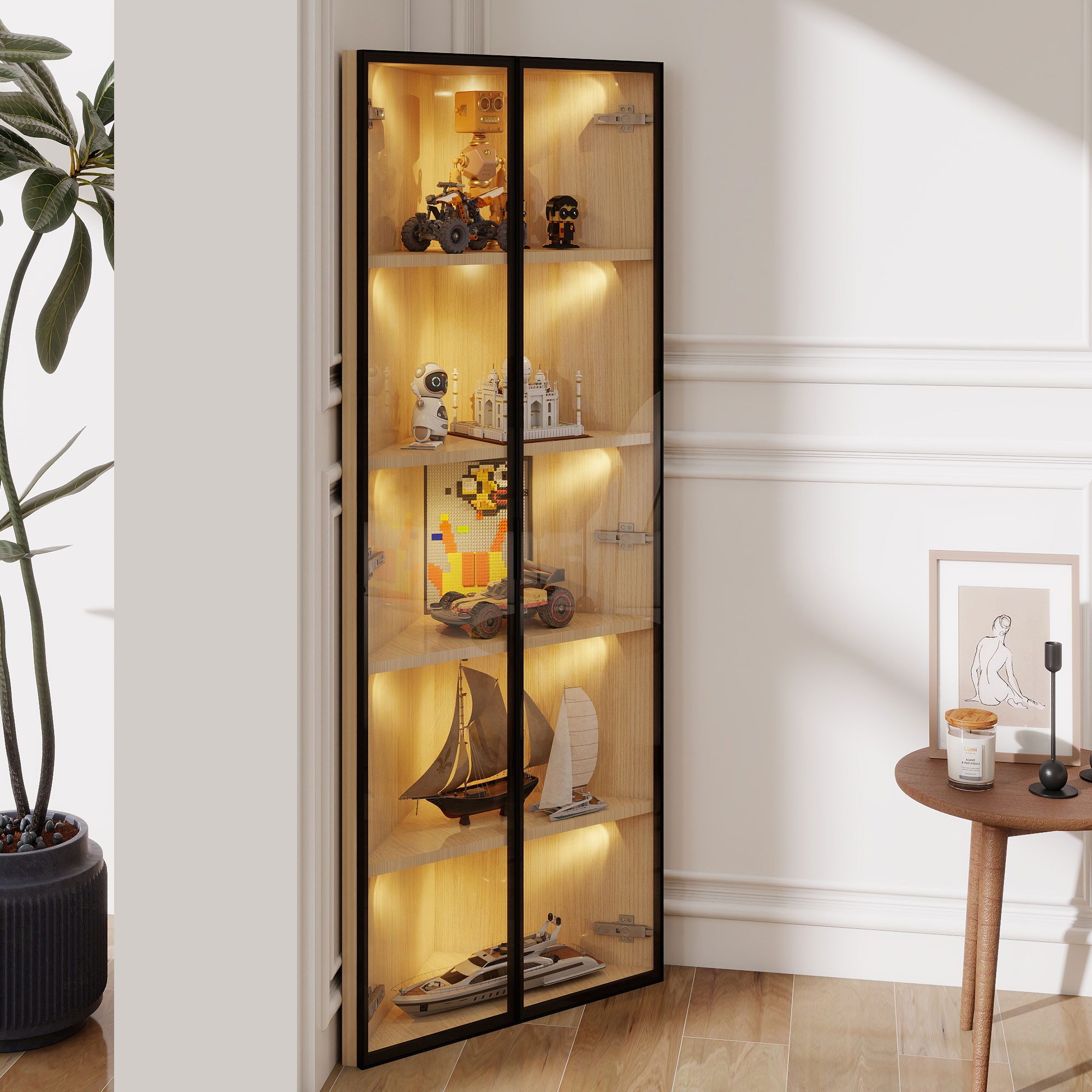 REDOM Vitrine in Eichenholz-Optik mit LED-Beleuchtung (Weinschrank, Badezimmerschrank, für Eckpositionen, 1-St., Türen aus gehärtetem Glas) integrierte Lichtleiste