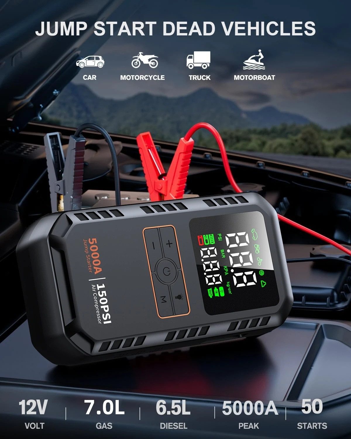 Athlix 4-in-1 Auto-Starthilfe mit Luftkompressor 5000A Auto-Batterie-Booster Starthilfegerät, 150 PSI Luftpumpe, 12.000 mAh Akku, LED Display