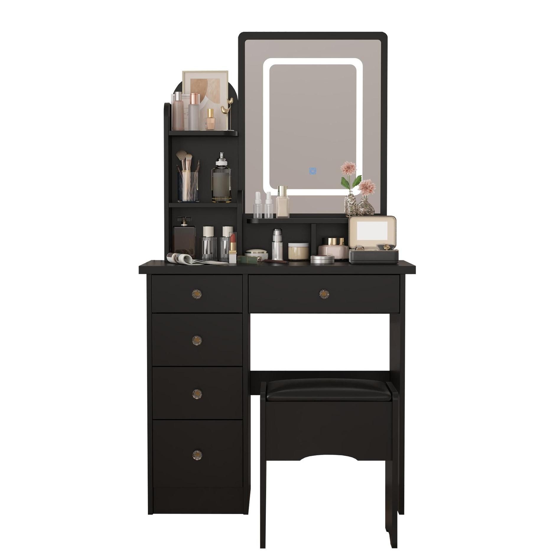 FUFU&GAGA Schminktisch mit LED und Hocker,5 Schubladen,3 offene Fächer, wei günstig online kaufen