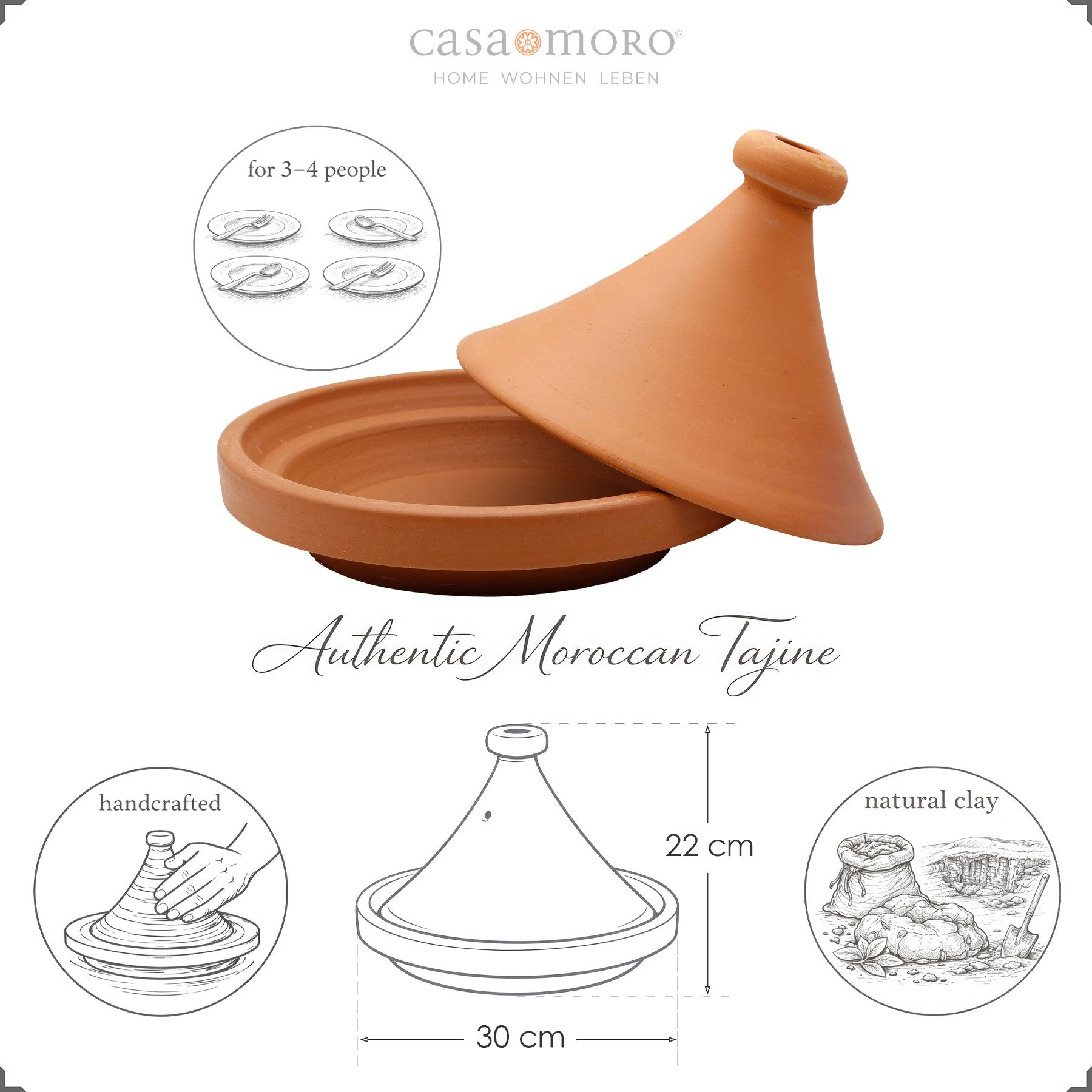Casa Moro Schmortopf Tajine Kochtopf 30 cm – Authentische Ton Tagine aus Marokko, Ton, naturbelassene Lehmerde (unglasierter Schmortopf, 2-tlg., Handmade Gartopf Tontopf), handgetöpfert aus Marokko, für 3–4 Personen