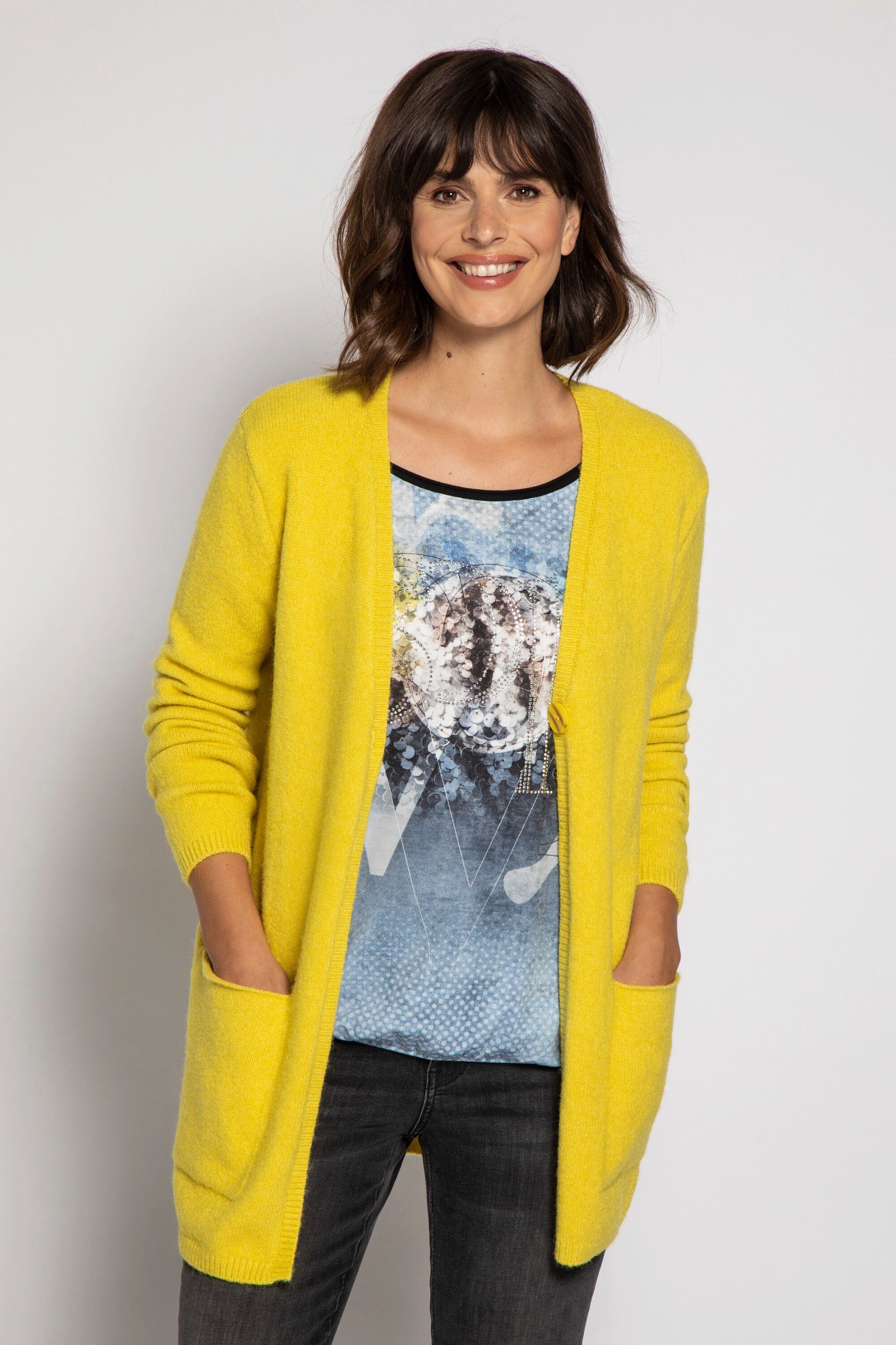 Gina Laura Strickjacke Long-Strickjacke V-Ausschnitt Langhaarstrick