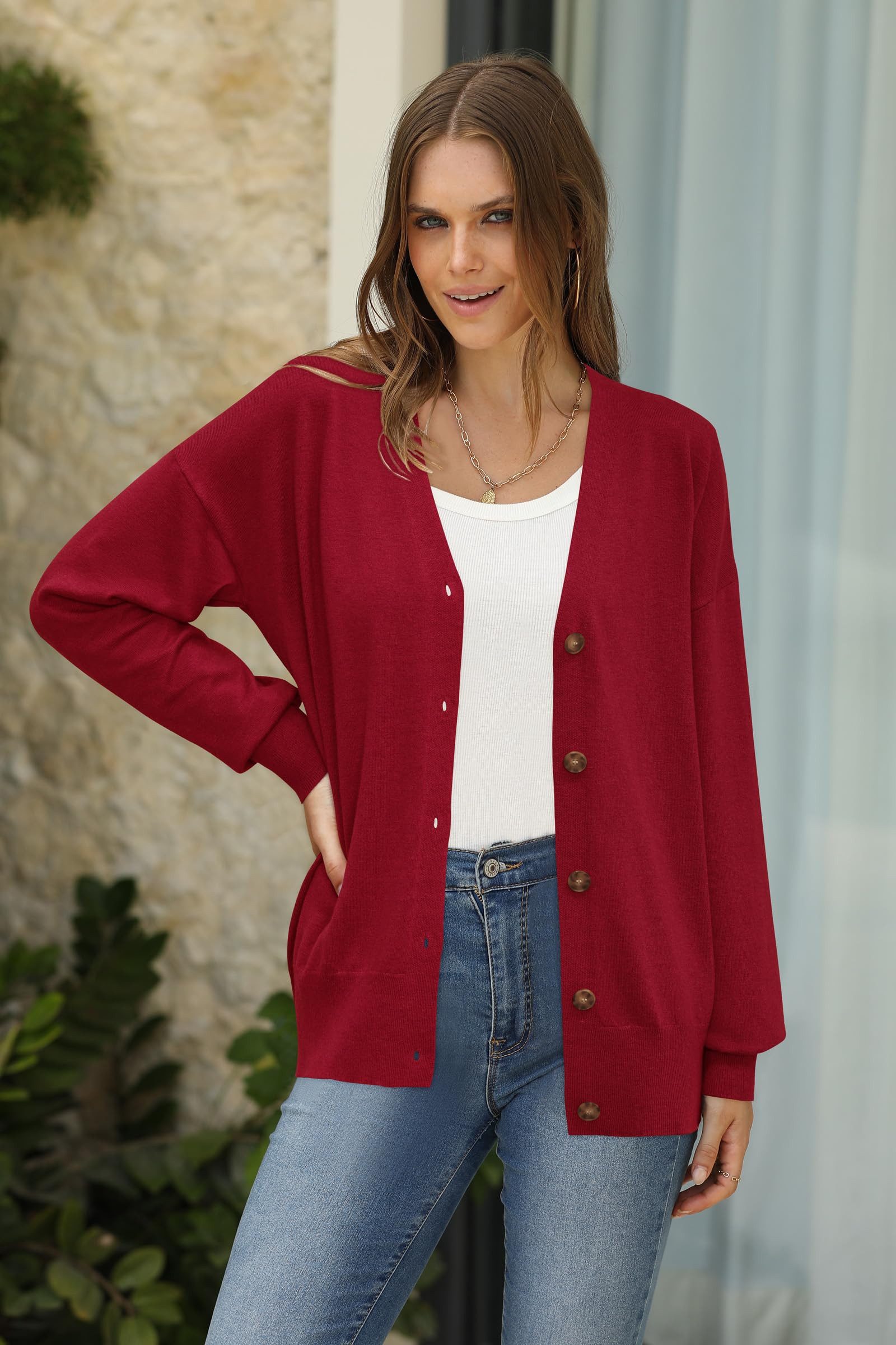 Arach&Cloz Strickjacke Damen Cardigan Strickmantel V-Ausschnitt Langarm mit Knöpfen für Frühling Herbst – Bild 4 von 5