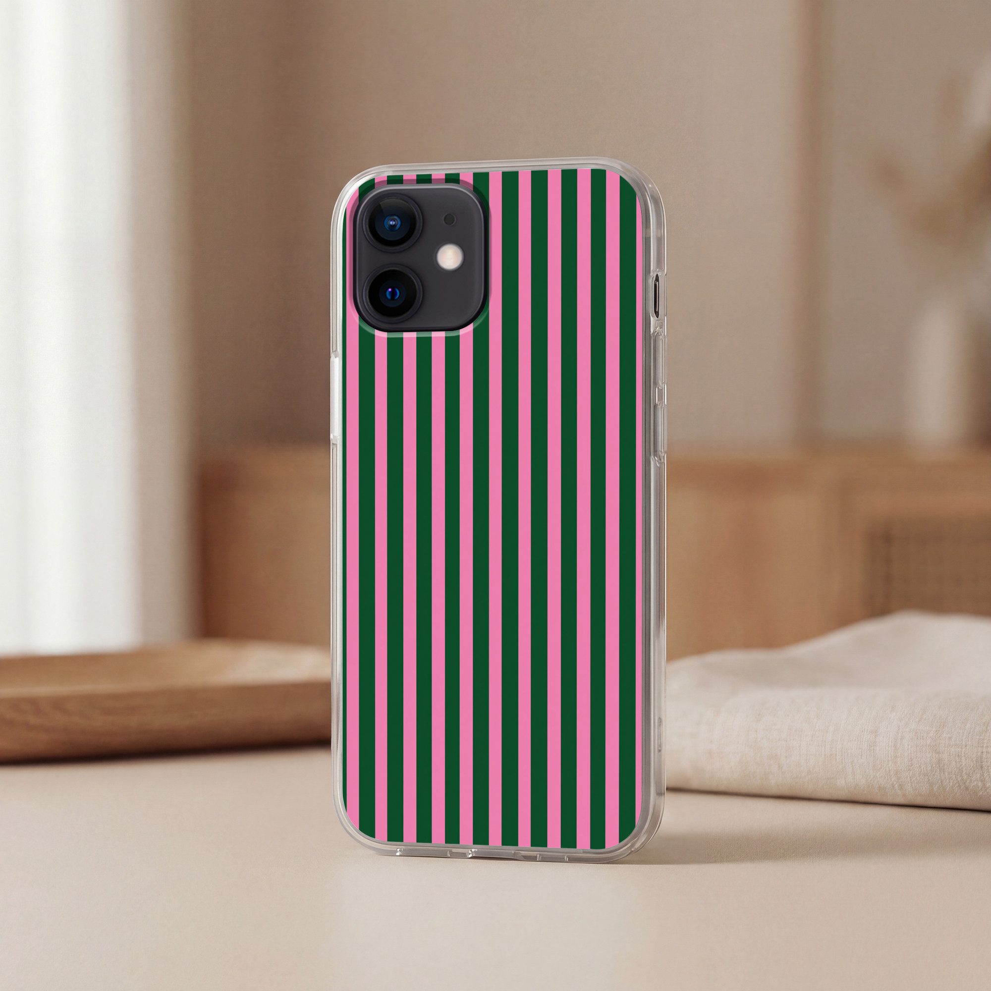 MuchoWow Handyhülle für Apple iPhone 12 Vertikale Streifen - Grün - Rosa, Smartphone-Bumper, Print, Handy Schutzhülle Dünn