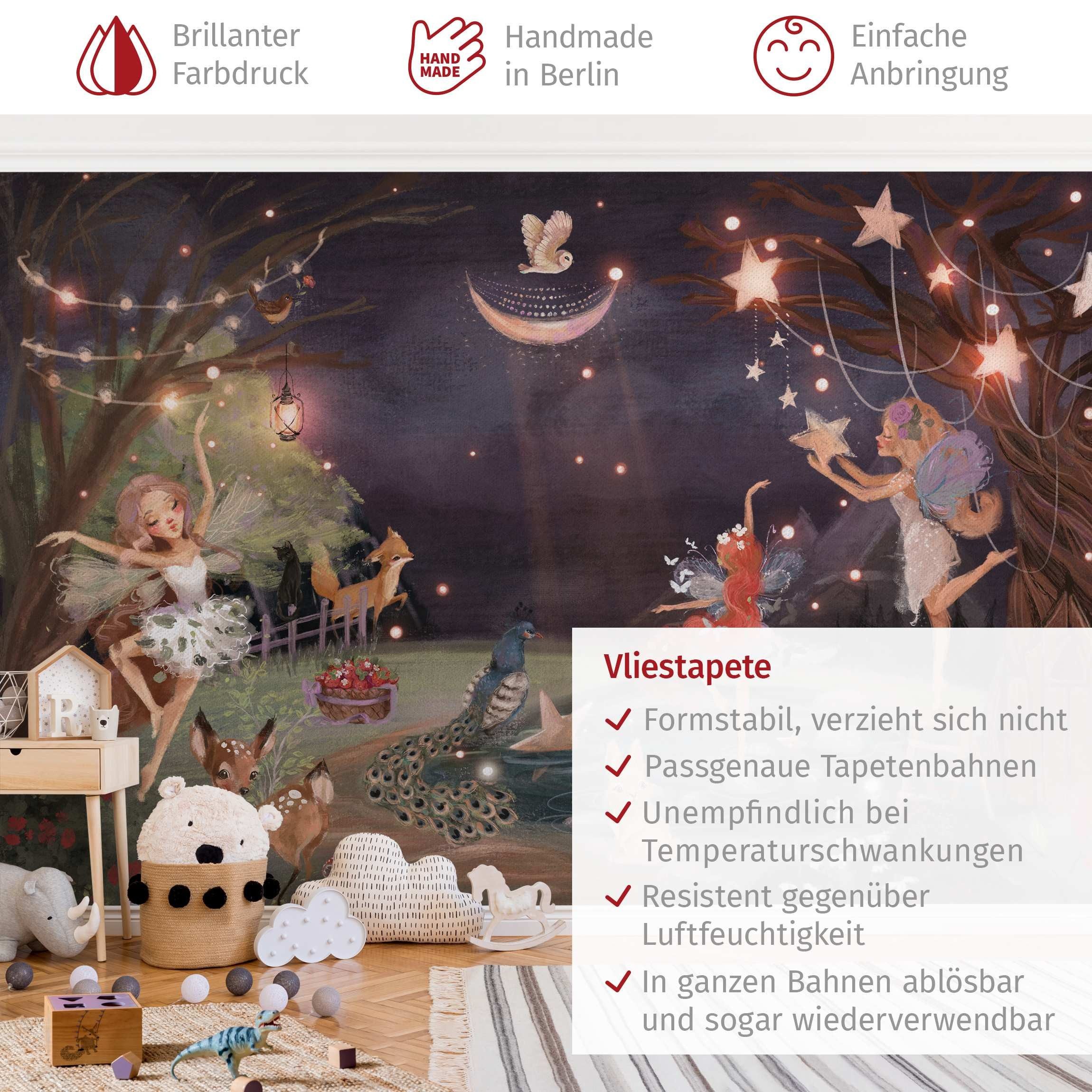 Bilderdepot24 Kindertapete Nacht Garten Feen Aquarell Wald Kinder Natur Landschaft Tiere braun, Glatt, Matt, (Vliestapete inkl. Kleister oder selbstklebend), Mädchenzimmer Jungenzimmer Babyzimmer Bildtapete Fototapete Wandtapete