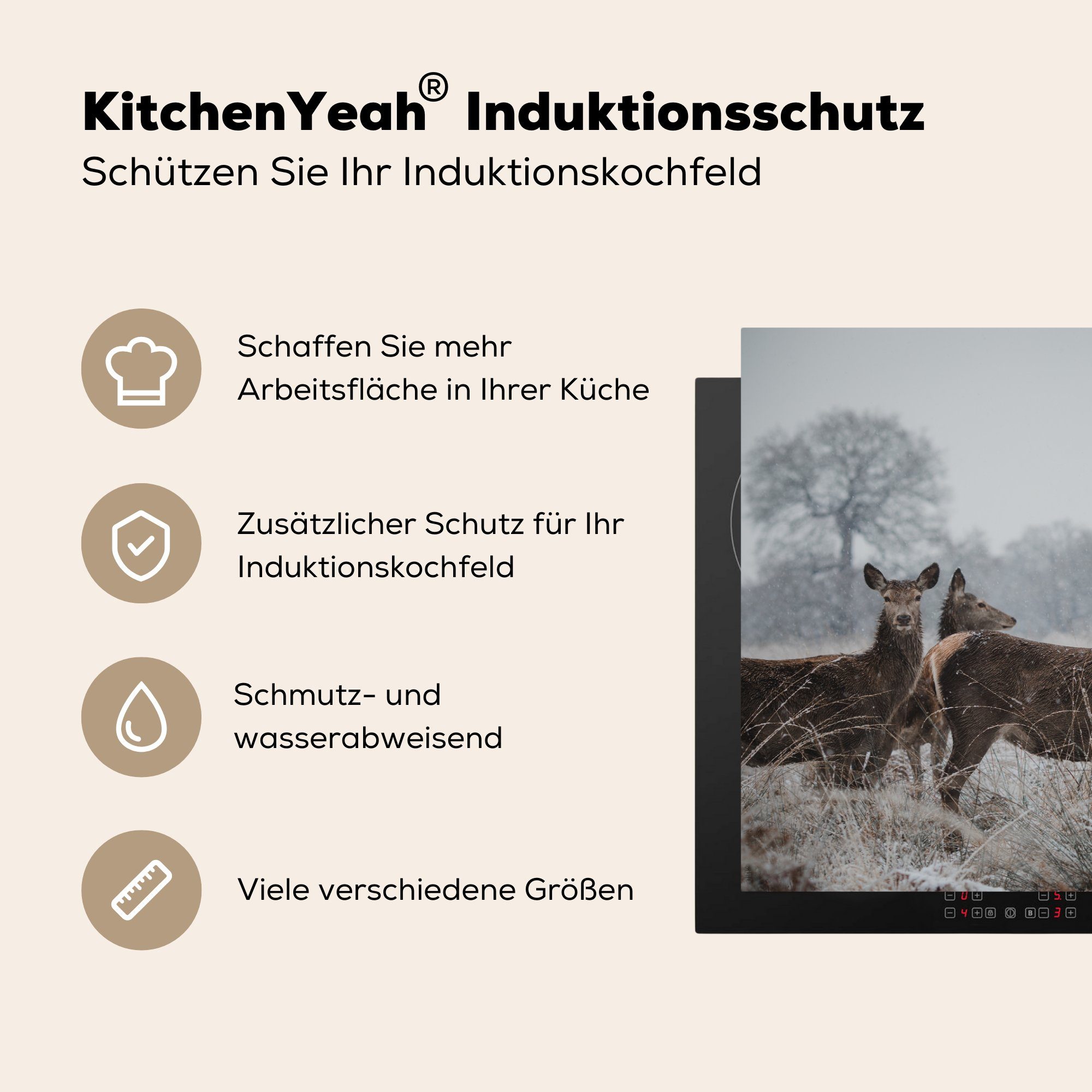 MuchoWow Herdblende-/Abdeckplatte die - - Ceranfeldabdeckung Vinyl, tlg), Hirsche Induktionskochfeld (1 Schnee 81x52 Winter, - cm, küche, für Gras Schutz