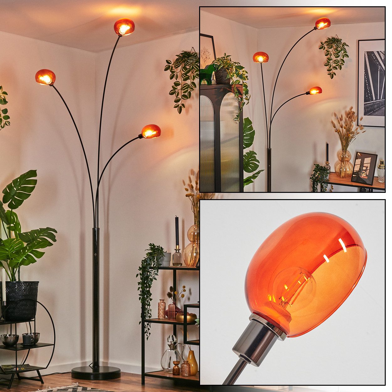 Stehlampe Stehlampe aus Metall in Schwarz/Chrom/Orange im Retro-Design