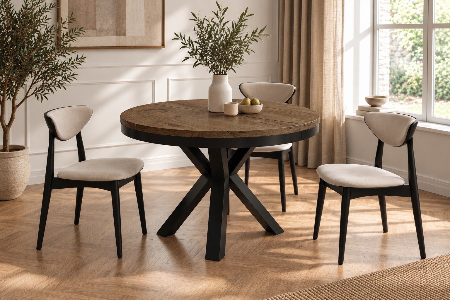 WFL GROUP Esstisch Clara im Loft-Stil rund ausziehbar mit schwarzen Metallbeinen (MADE IN EU, erhältlich in zwei Größen – 100/120 cm, ausziehbar auf 180/200 cm), platzsparender Industrial Tisch in Holzoptik für Wohnzimmer oder Küche