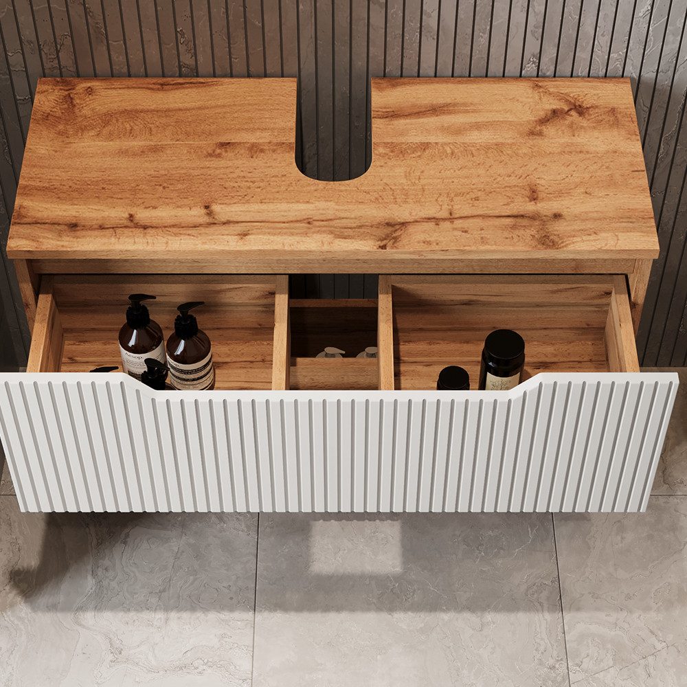 Vicco Waschbeckenunterschrank Lotta, Eiche/weiß gestreift, 79.6 x 62.5 cm mit 2 Schubladen (1-St) – Bild 4 von 5
