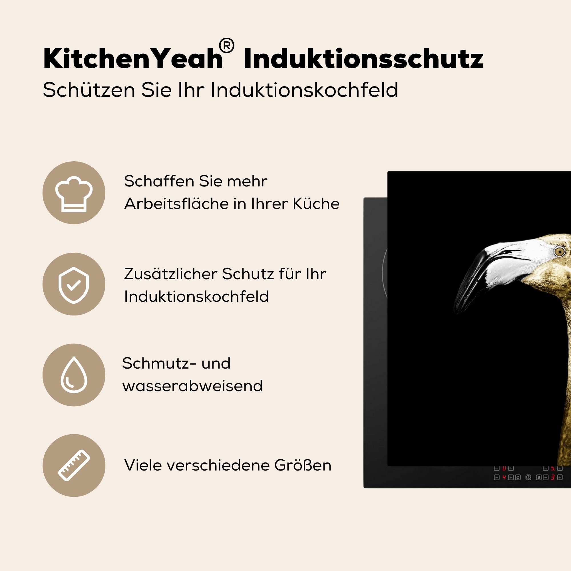 MuchoWow Herdblende-/Abdeckplatte Flamingo - Vogel Vinyl, Gold, für Arbeitsplatte Ceranfeldabdeckung, cm, 78x78 (1 küche - tlg)