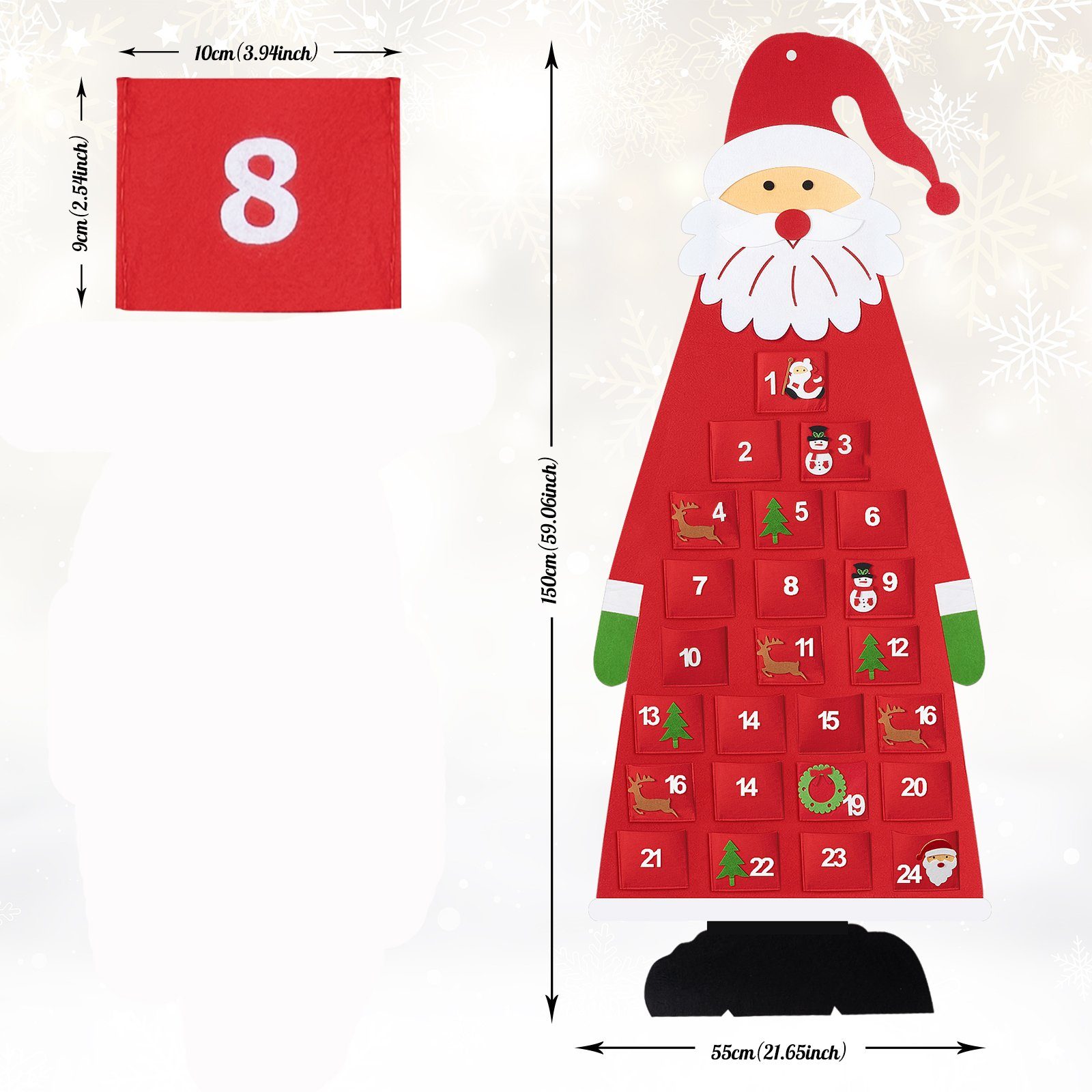 Homewit Adventskalender H Weihnachtsschmuck, Nikolaus Filz-Adventskalender Countdown 55cm Taschen Filz Befüllen mit 24 DIY (Santa 150cm Weihnachten Adventskalender W Wandbehang Geschenk, Weihnachtsmann * zum 1-tlg), Dekoration, Home für