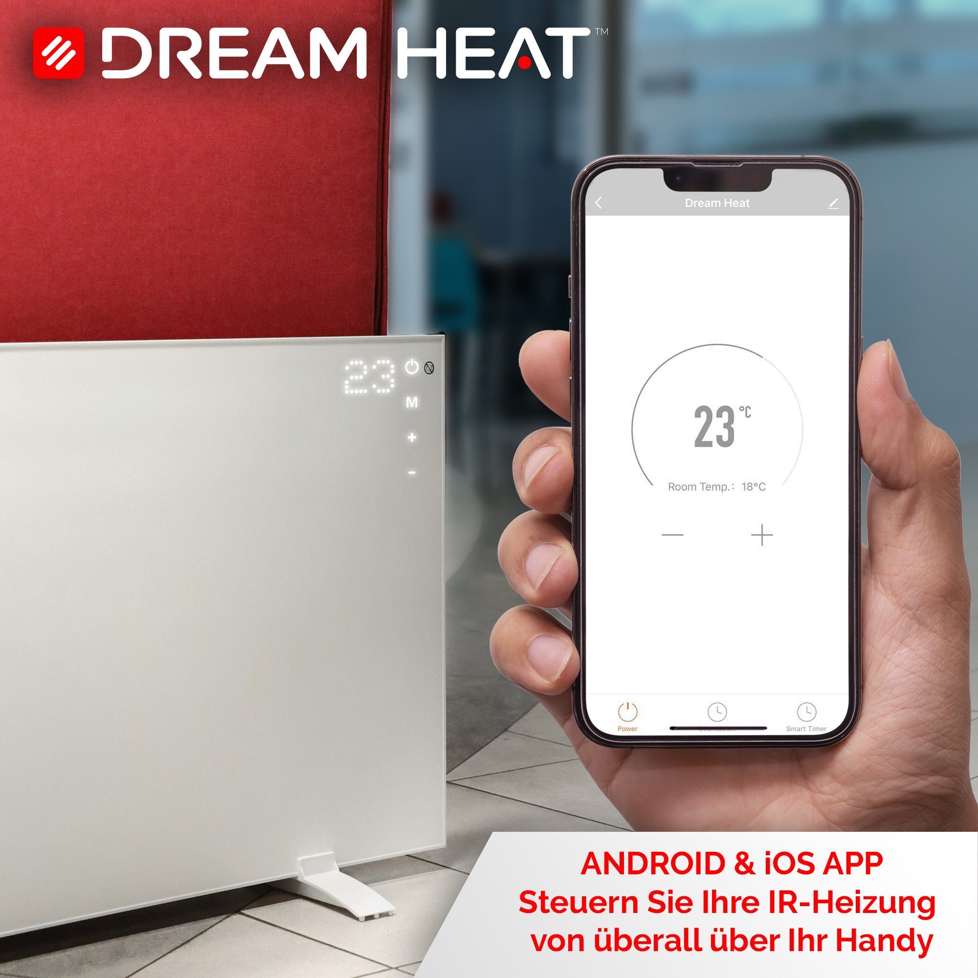 DREAM HEAT Infrarotheizung DH WIFI, 480 CC Fernbedienung, APP-Steuerung Infrarot Touch Panel, 480 Panel Watt
