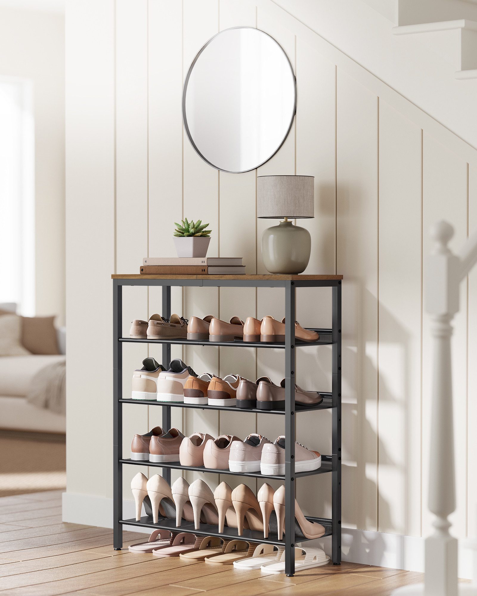 VASAGLE Schuhregal Schuhschrank offen, Schuhablage, für Taschen, Eingangsbereich, Flur, 5-stöckiger, verstellbare Gitterablagen, 28x75x93 cm, große Oberfläche