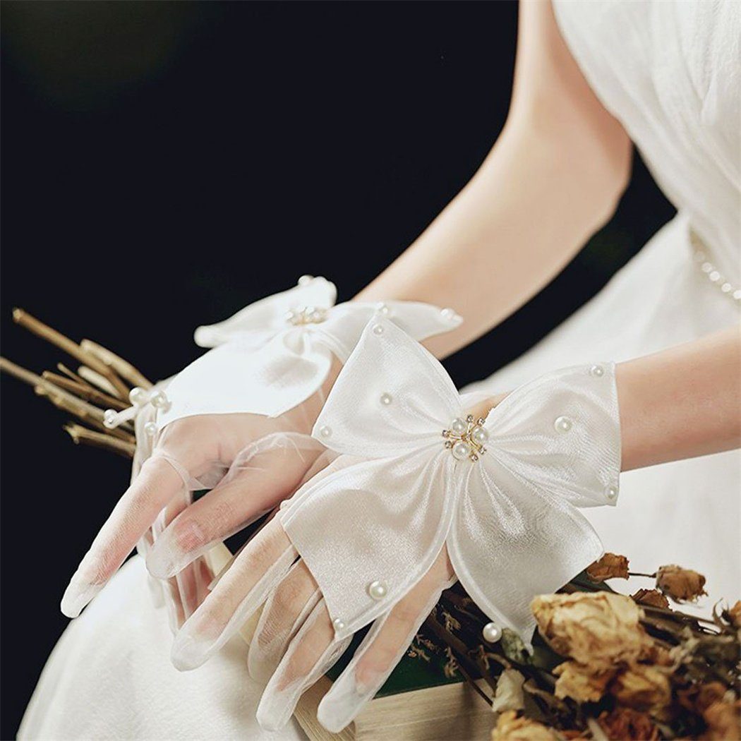 DAYUT Abendhandschuhe Bow Mesh Handschuhe, Vintage Short Pearl White Handschuhe