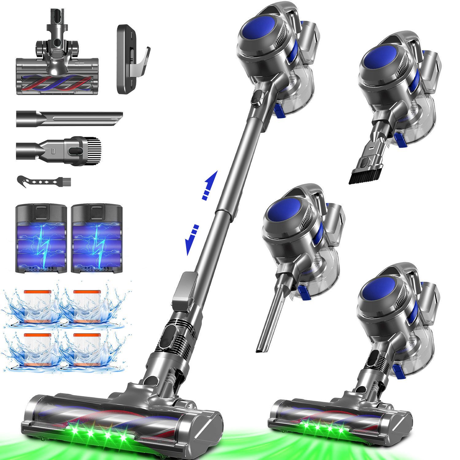 Adormii Akku-Hand-und Stielstaubsauger Akku Staubsauger, 50000Pa/60Min/1.6L Staubsauger Kabellos, HEPA*4, Anti-Tangle-Bürste, 5-in-1 Cordless Vacuum Cleaner, Akkustaubsauger für Tierhaare, Hartböden, Teppiche, 5-in-1 Staubsauger für Tierhaare,Hartböden,Teppiche