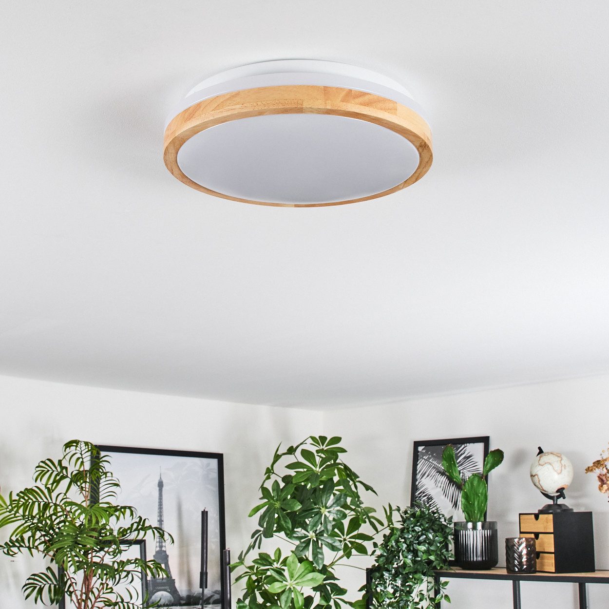 hofstein Deckenleuchte moderne Deckenlampe aus Metall/Bambus/Kunststoff in Weiß/Natur, LED wechselbar, 3000 Kelvin, Leuchte im angesagten Boho-Design (28cm), 17 – Bild 5 von 5