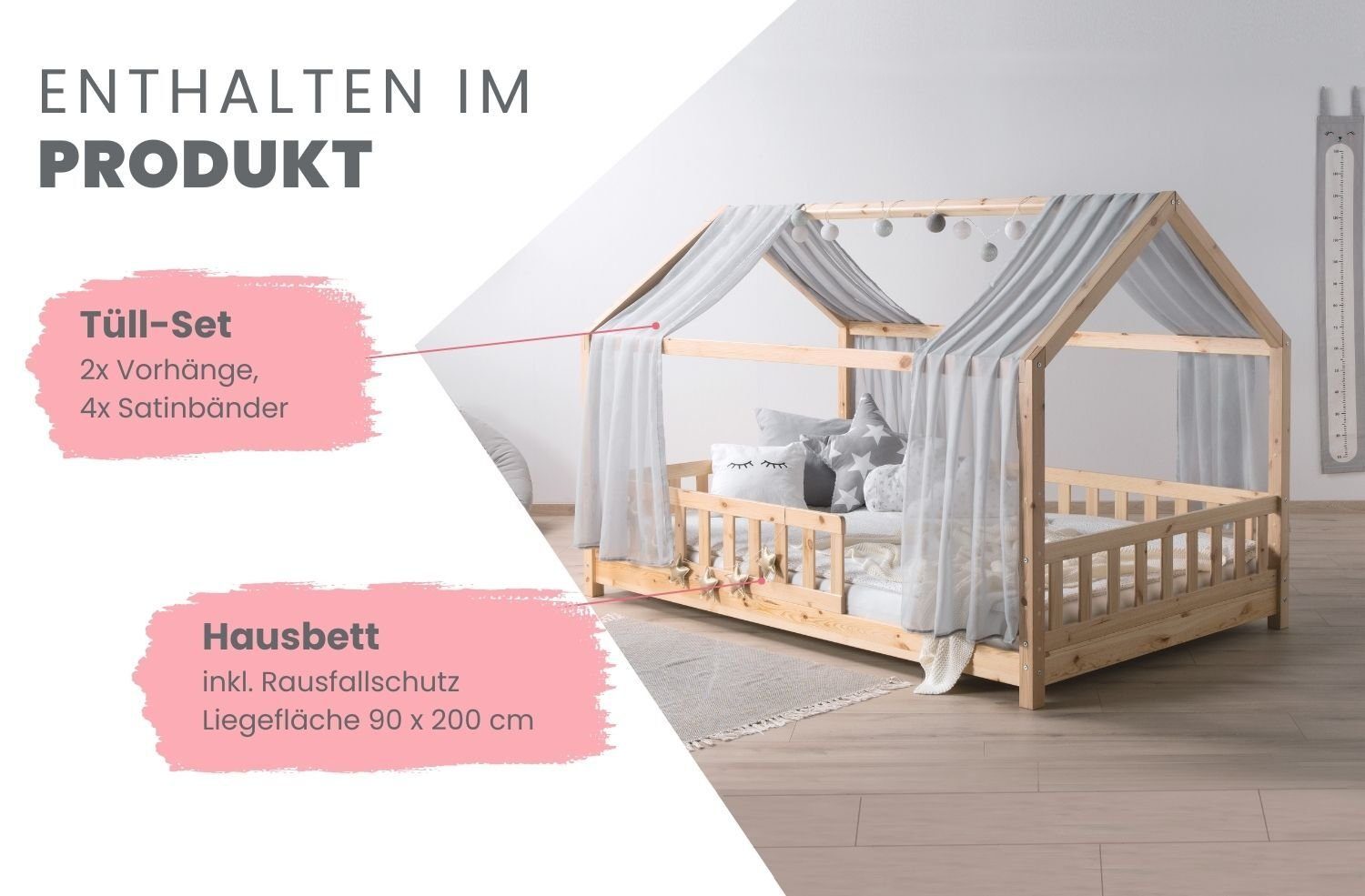 Ticaa Hausbett Kim mit Rausfallschutz aus Kiefer, Kinderbett 90x200, inkl. Tüll-Set, mit Rollrost