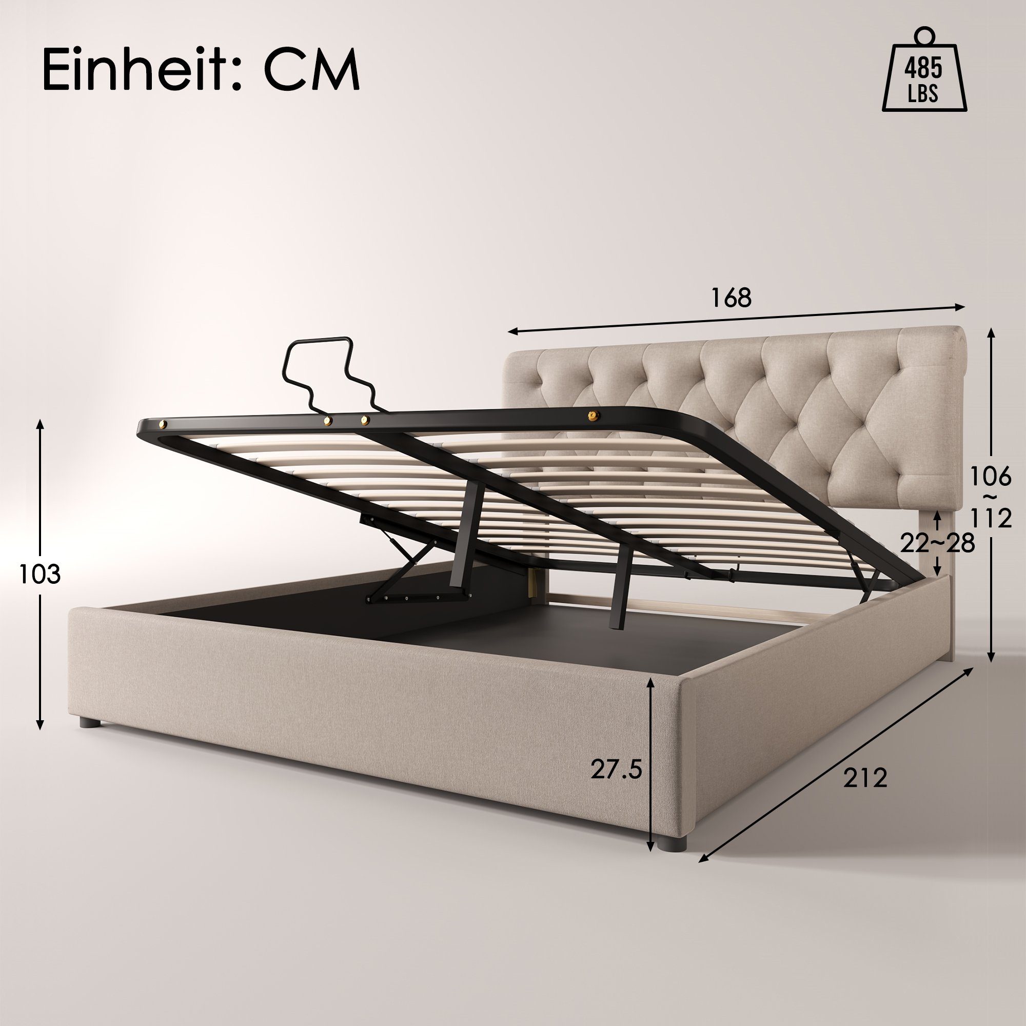 Boxspringbett (Polsterbett mit Lattenrost und Bettkasten, verstellbarem Kopfteil), 160x200 cm Hydraulisches Doppelbett, Bezug aus Leinen, Kiefernholz