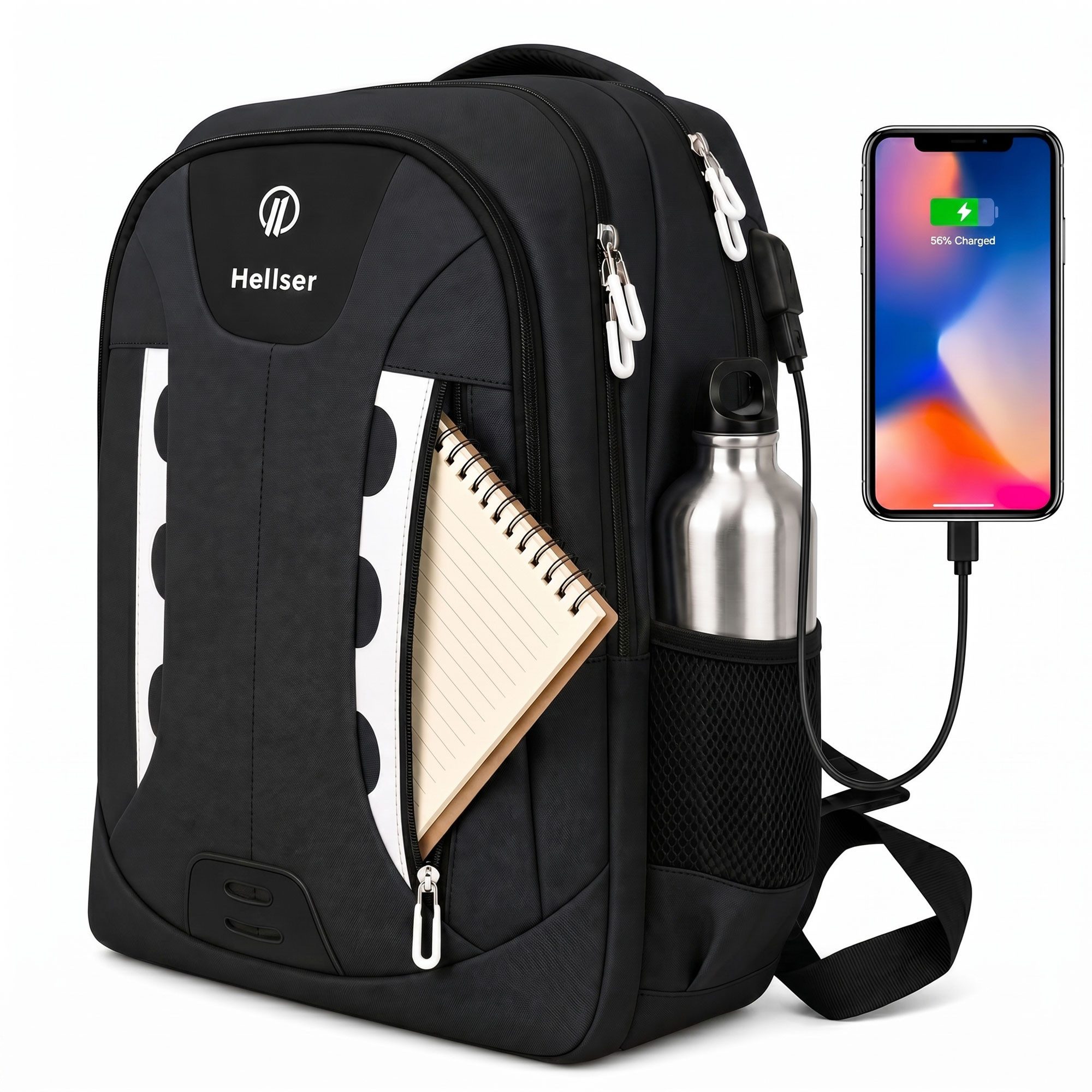 HELLSER Laptoprucksack & Schulrucksack NOVA Unisex mit USB-Ladeanschluss & Laptopfach 16 Zoll, Wasserabweisend, Reiserucksack Handgepäck, Reflektoren, Ergonomisch